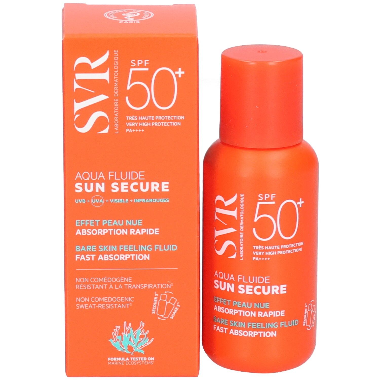 Produktverpackung mit Flasche und Karton. Text: SVR, Aqua Fluide Sun Secure, SPF 50+.