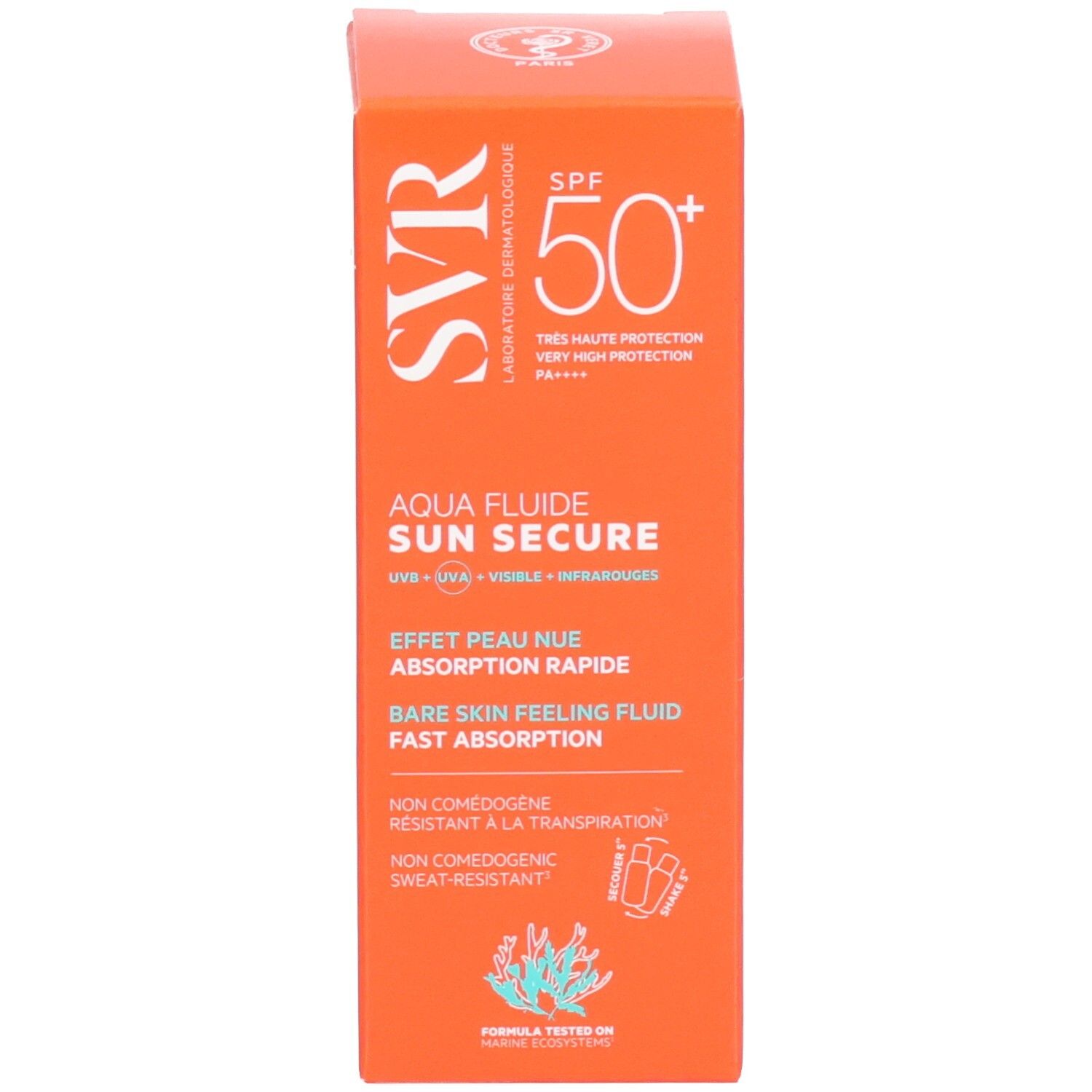 Orangefarbener Karton. Text: SVR, Aqua Fluide Sun Secure, SPF 50+.