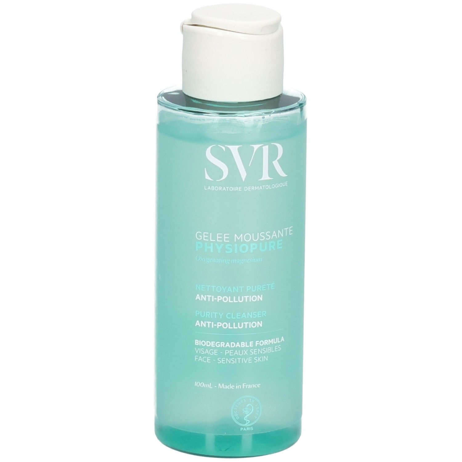 SVR Physiopure Reinigungsgel. Transparente Flasche mit weißem Deckel. Produktbezeichnung und Inhaltsstoffe aufgedruckt.