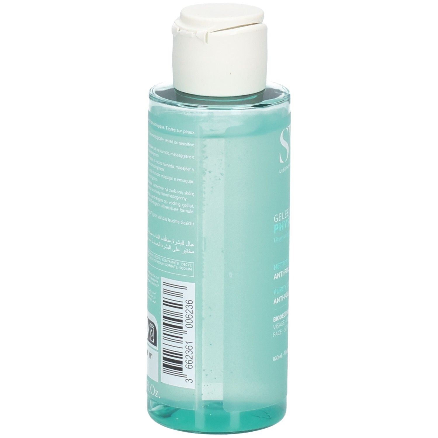 Rückansicht der SVR Physiopure Reinigungsgel-Flasche. Text und Barcode auf dem Etikett.