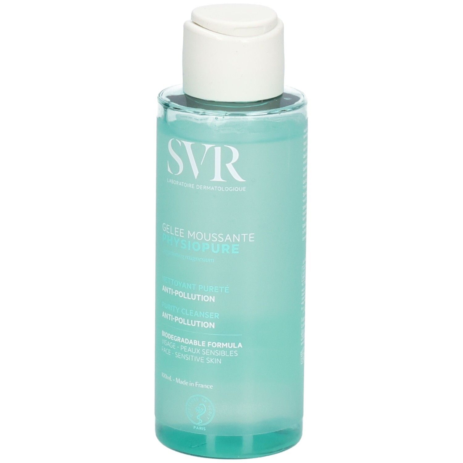 SVR Physiopure Reinigungsgel. Transparente Flasche mit weißem Deckel. Produktbezeichnung und Inhaltsstoffe aufgedruckt.