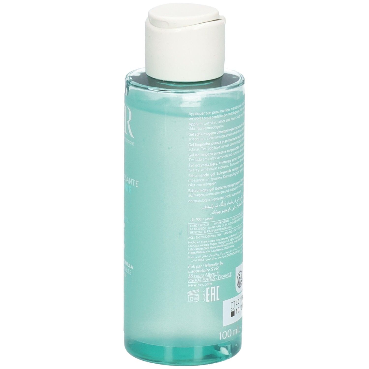 Rückansicht der SVR Physiopure Reinigungsgel-Flasche. Text auf dem Etikett.