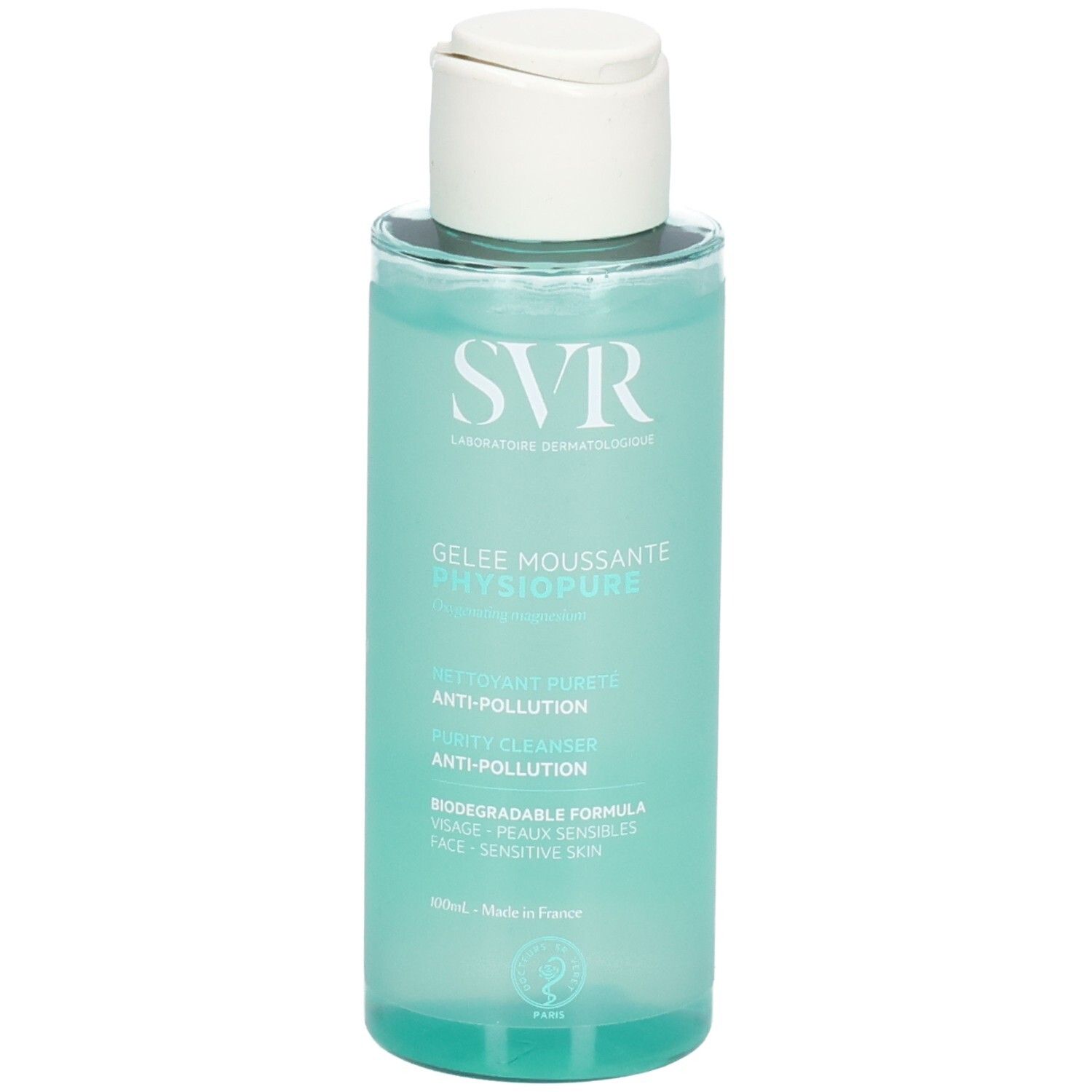 SVR Physiopure Reinigungsgel. Transparente Flasche mit weißem Deckel. Produktbezeichnung und Inhaltsstoffe aufgedruckt.