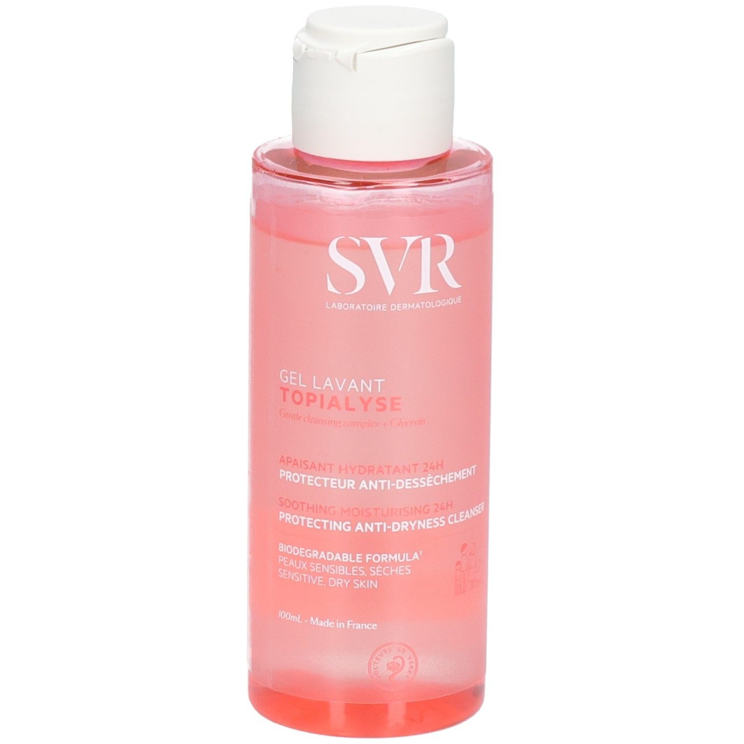 SVR Topialyse Gel Lavant Flasche mit weißem Klappdeckel. Rosa Flüssigkeit.