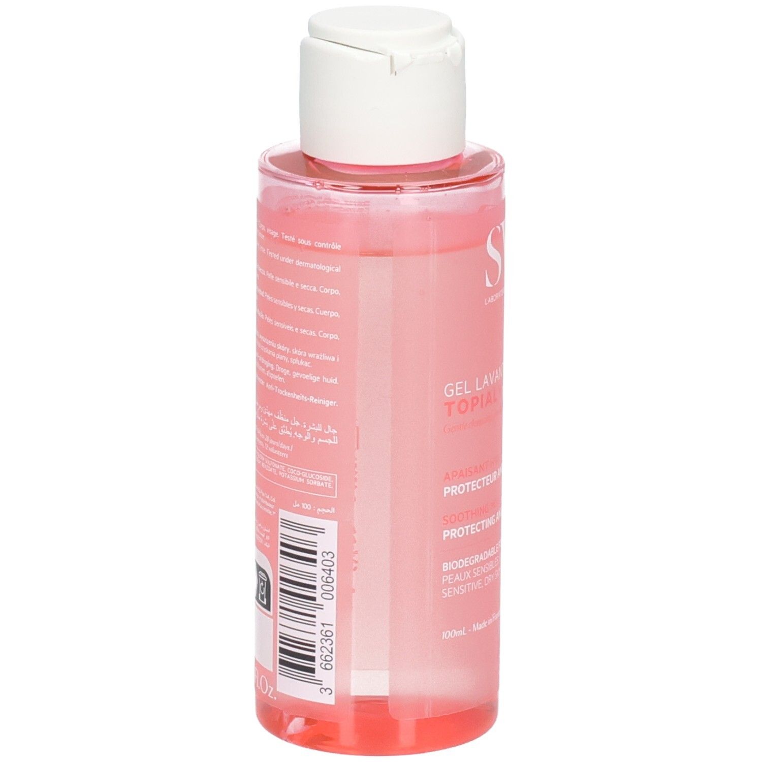 Rückseite der SVR Topialyse Gel Lavant Flasche mit Etikett und Barcode. Rosa Flüssigkeit.