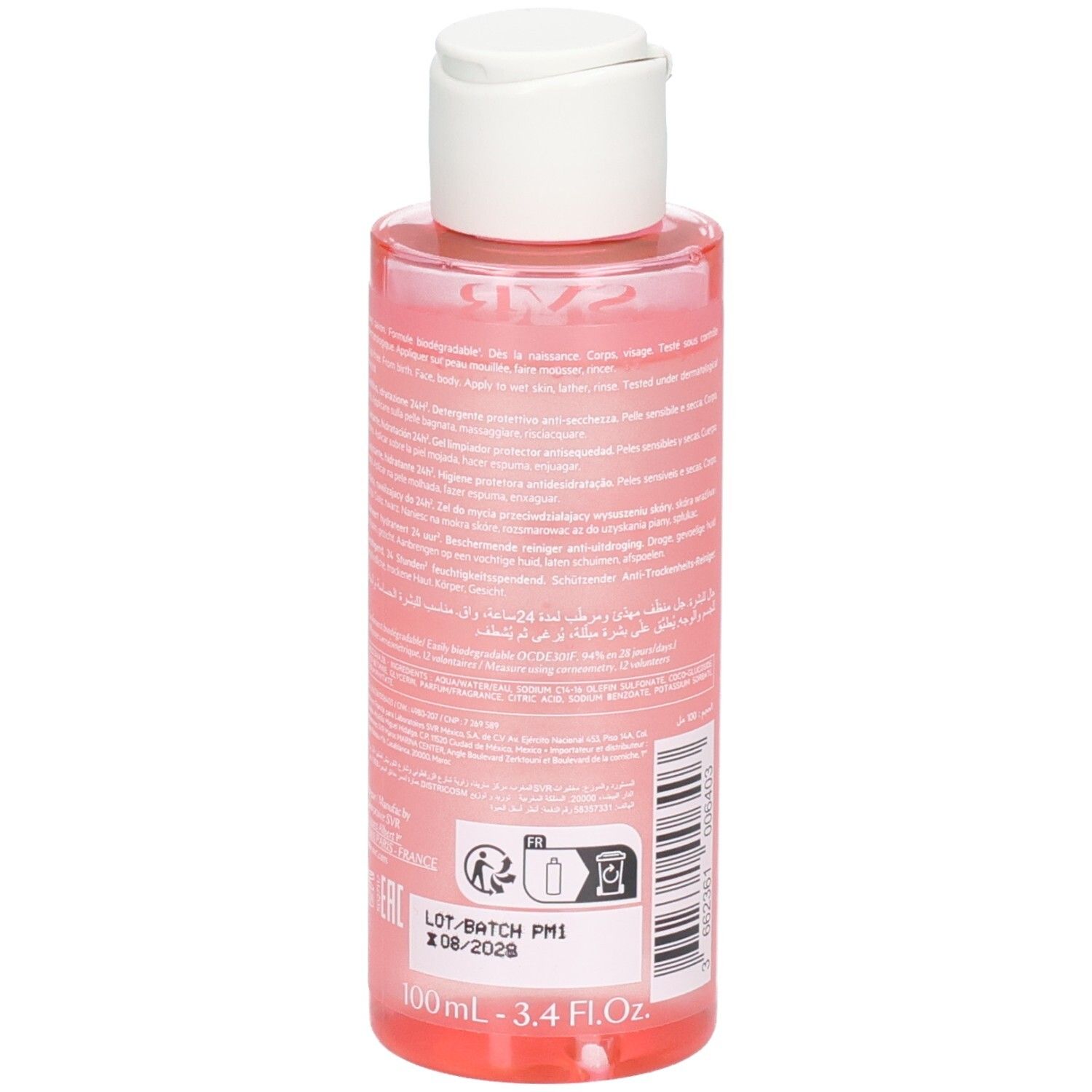 Rückseite der SVR Topialyse Gel Lavant Flasche mit Etikett, Chargennummer und 100ml Angabe.