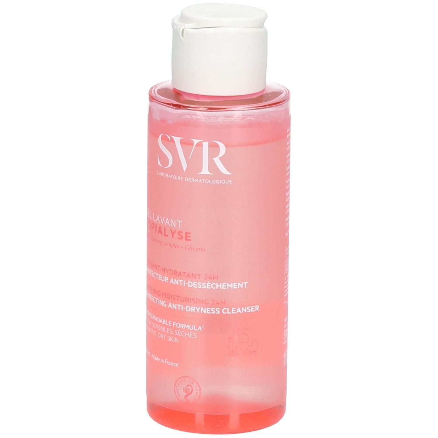 SVR Topialyse Gel Lavant Flasche mit weißem Klappdeckel. Rosa Flüssigkeit.
