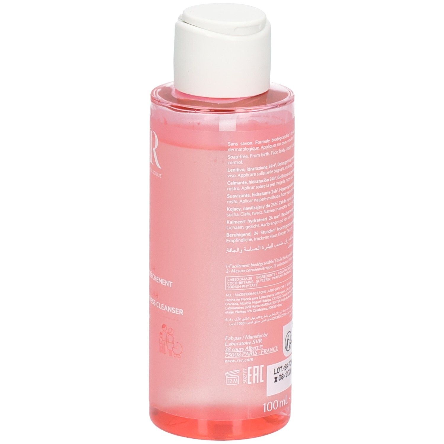 Rückseite der SVR Topialyse Gel Lavant Flasche mit Etikett und Chargennummer. Rosa Flüssigkeit.