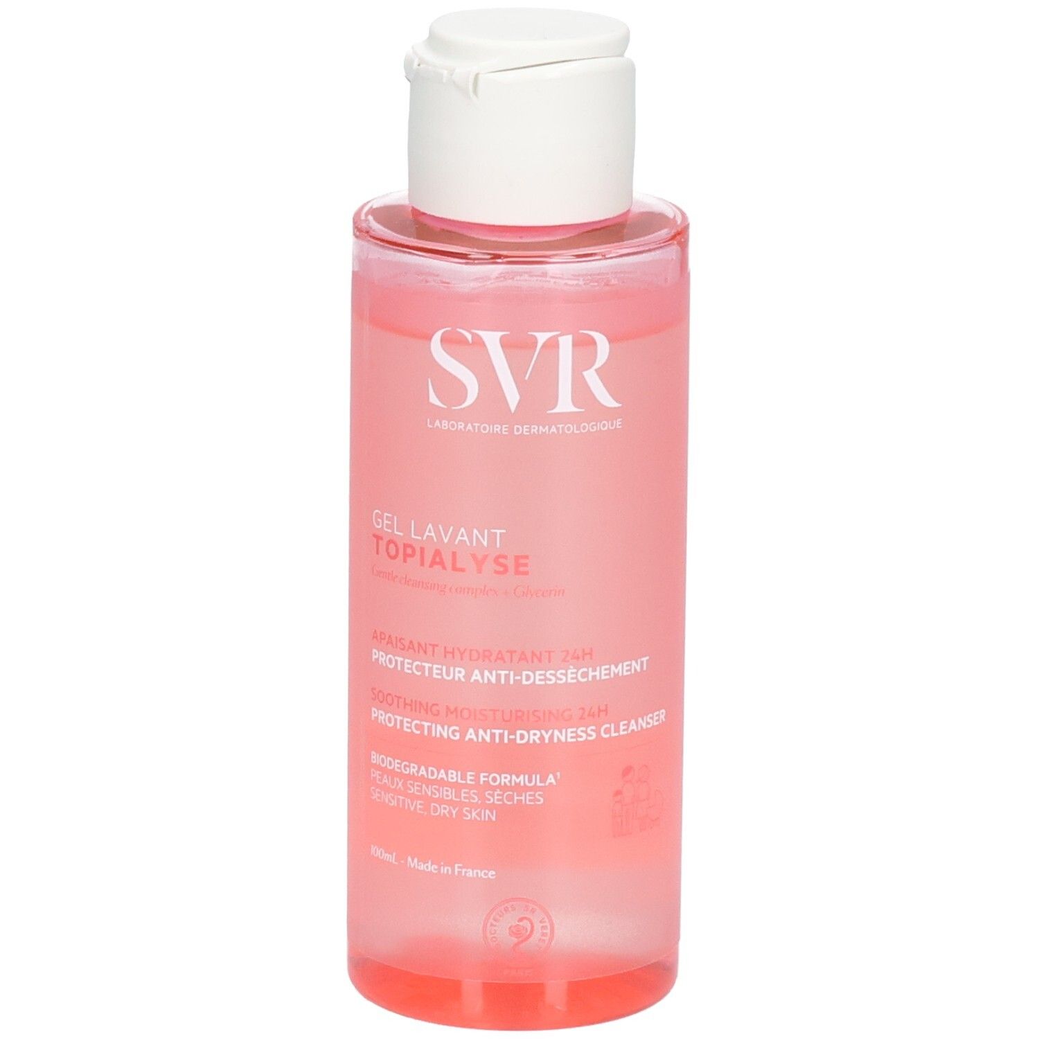 SVR Topialyse Gel Lavant Flasche mit weißem Klappdeckel. Rosa Flüssigkeit.
