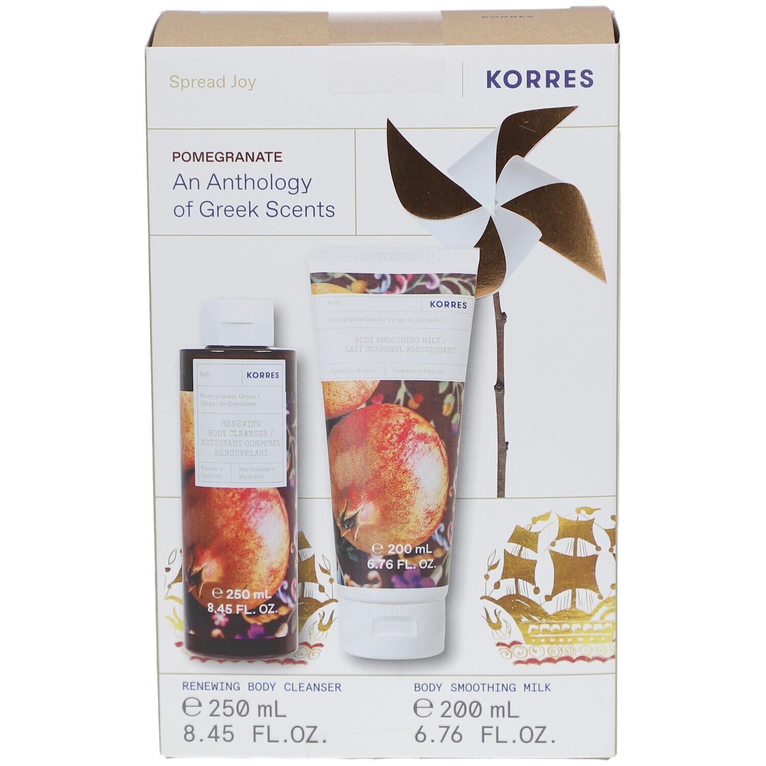 KORRES Pomegranate Geschenkset. Enthält eine Flasche und eine Tube. Pomegranate-Motiv. Mit Windrad-Dekoration.