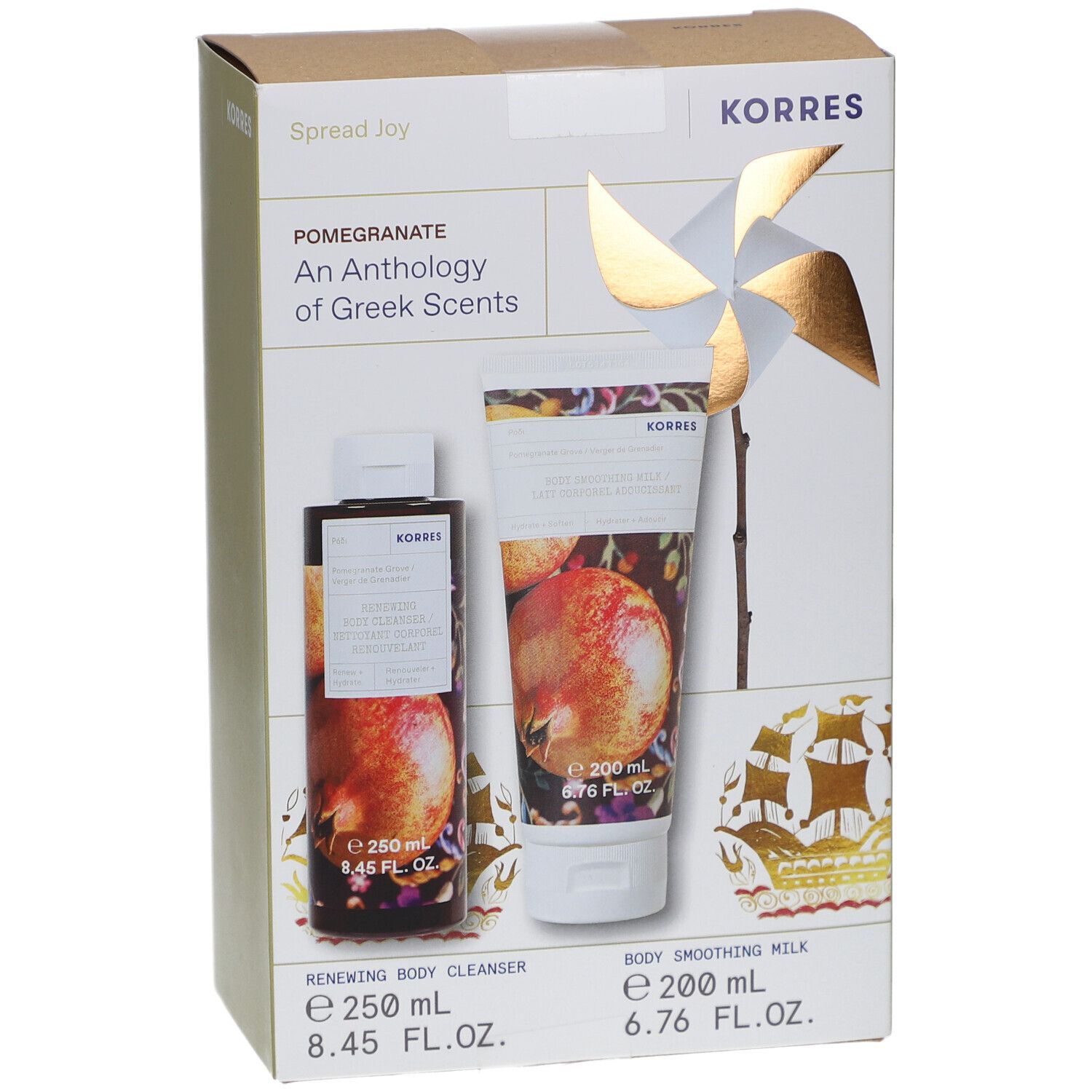 KORRES Pomegranate Geschenkset. Enthält eine Flasche und eine Tube. Pomegranate-Motiv. Mit Windrad-Dekoration.
