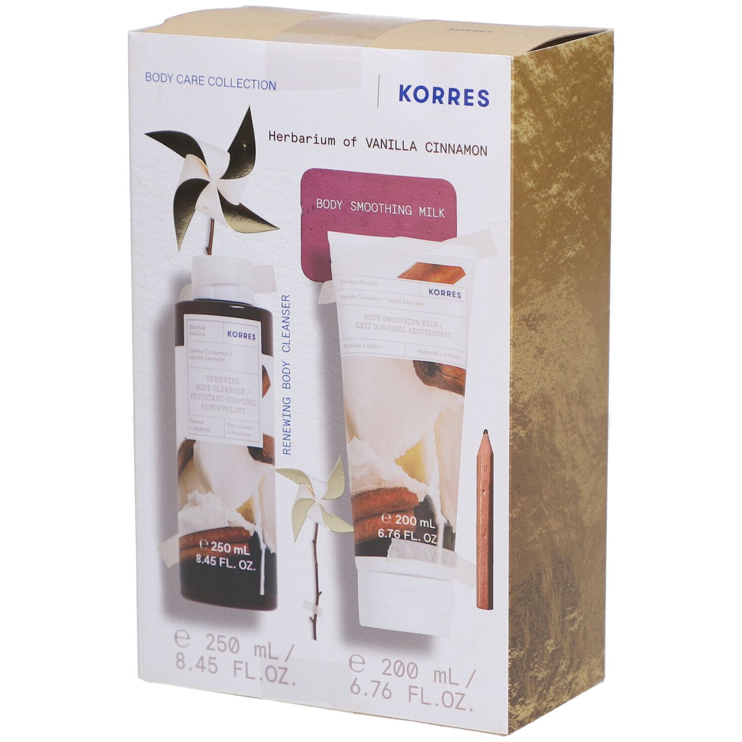 Körperpflegeset in Kartonverpackung. Enthält Body Cleanser und Body Smoothing Milk. Marke KORRES. Aufdrucke: Vanilla Cinnamon.