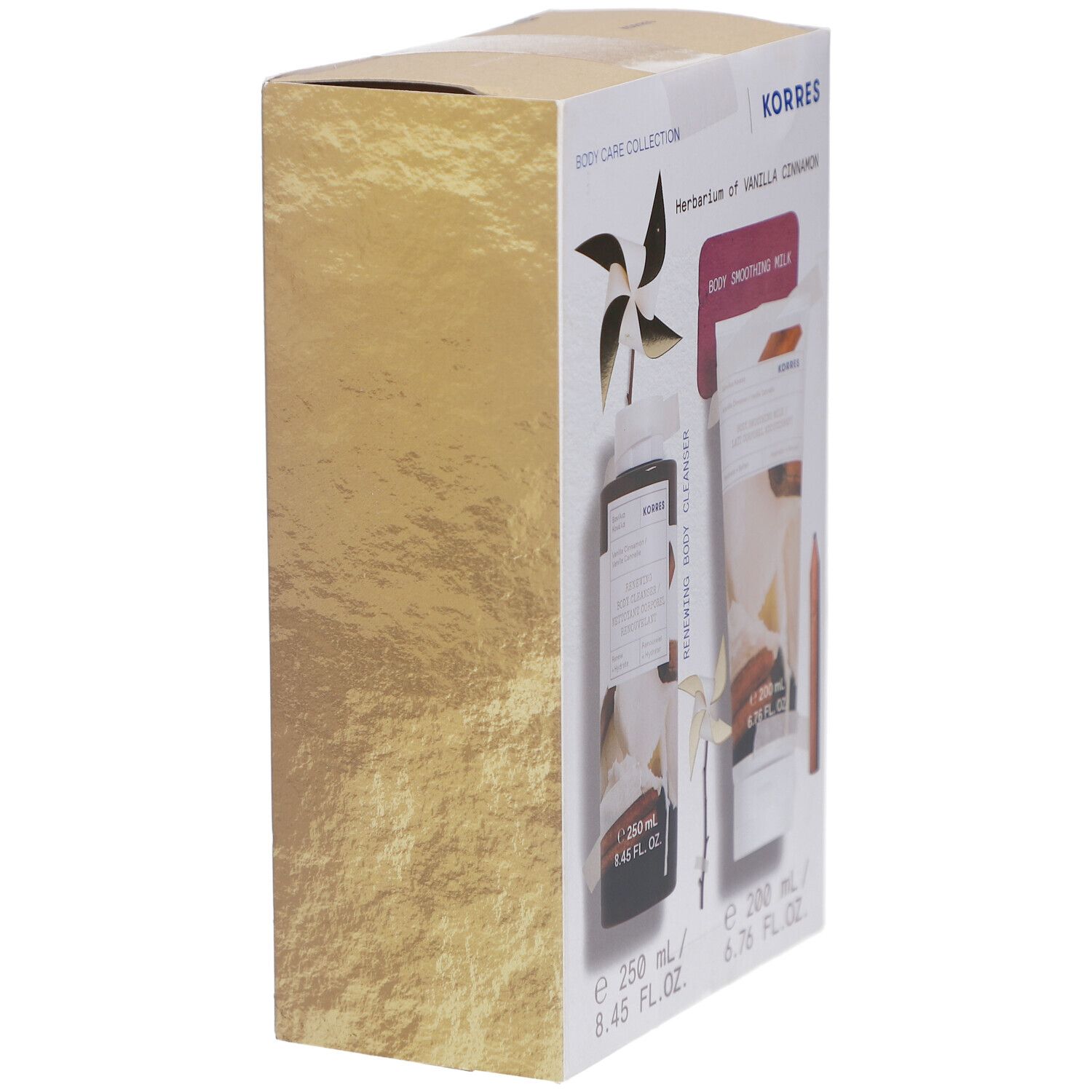 Körperpflegeset in goldfarbener Kartonverpackung. Marke KORRES. Enthält Body Cleanser und Body Smoothing Milk. Seitenansicht.