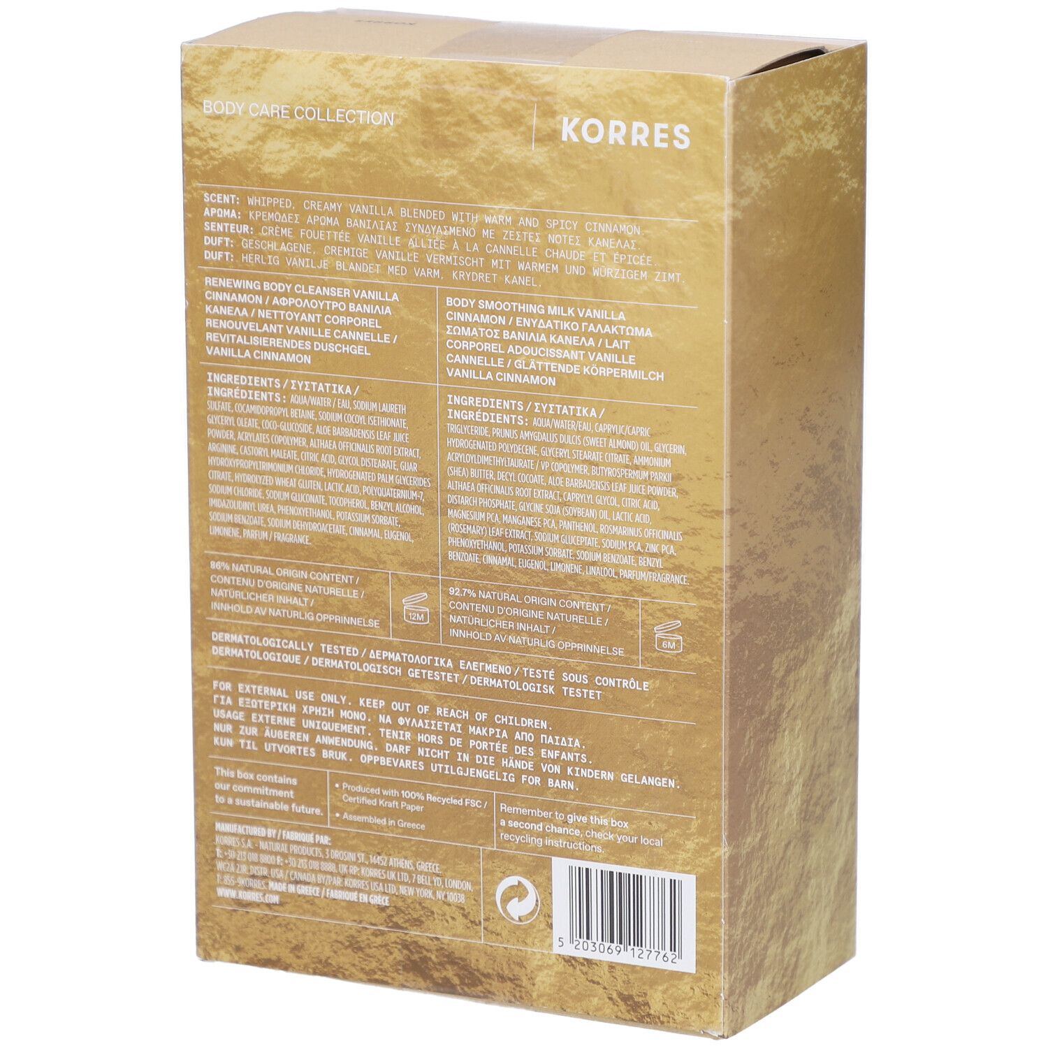 Rückseite der goldfarbenen Kartonverpackung. Text mit Inhaltsstoffen und Informationen. Marke KORRES.