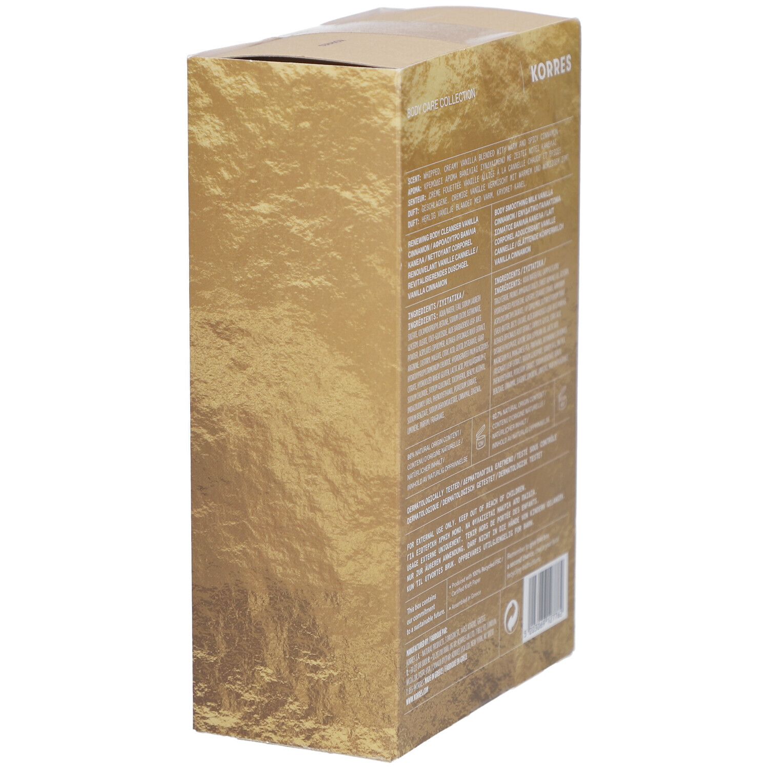 Seitenansicht der goldfarbenen Kartonverpackung. Text mit Informationen. Marke KORRES.