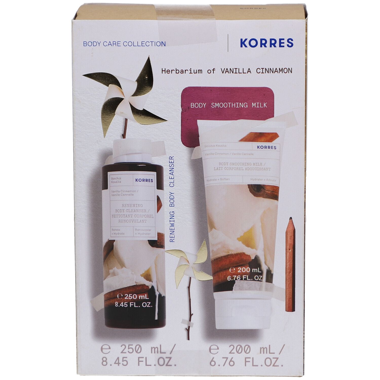 Körperpflegeset in Kartonverpackung. Enthält Body Cleanser und Body Smoothing Milk. Marke KORRES. Aufdrucke: Vanilla Cinnamon.