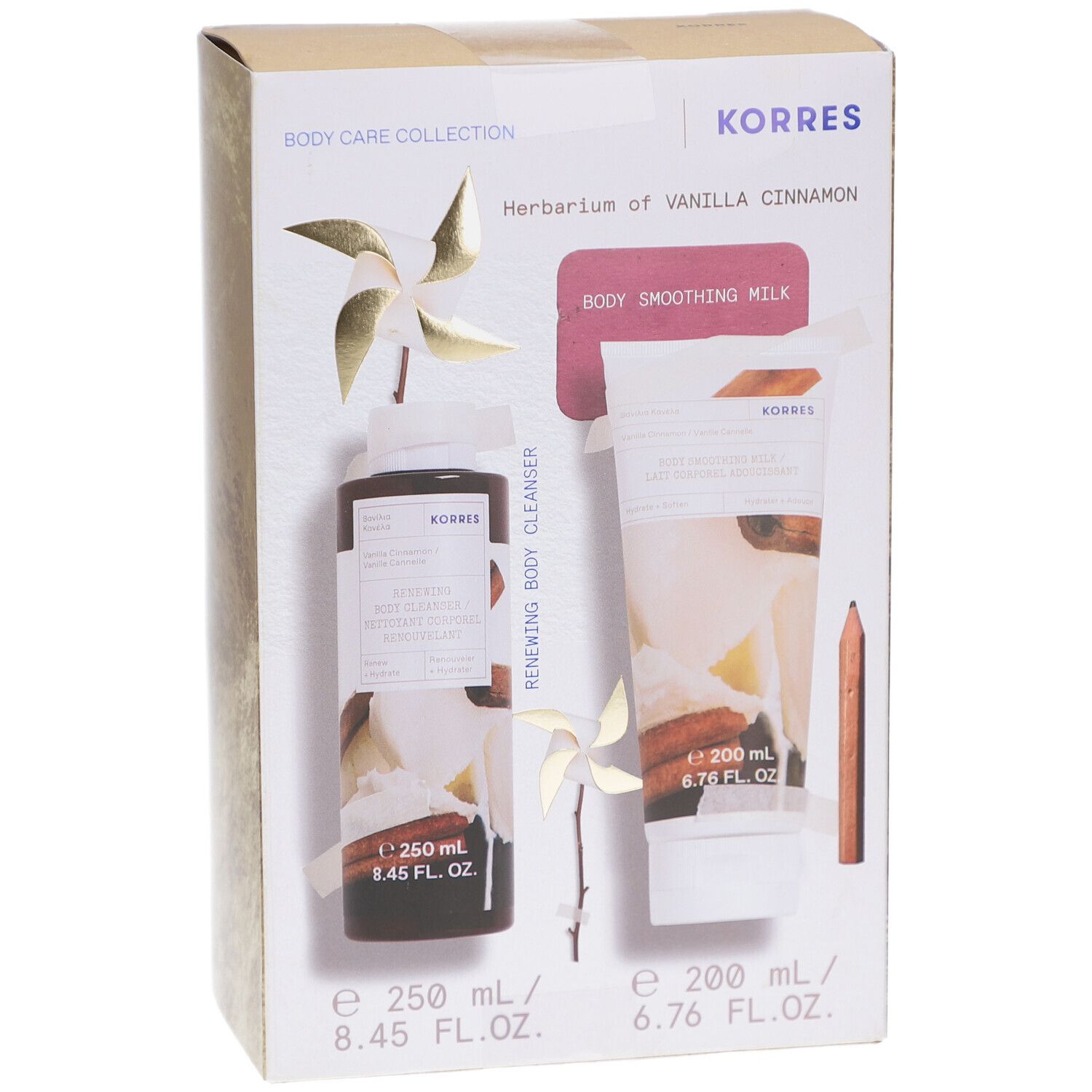 Körperpflegeset in Kartonverpackung. Enthält Body Cleanser und Body Smoothing Milk. Marke KORRES. Aufdrucke: Vanilla Cinnamon.