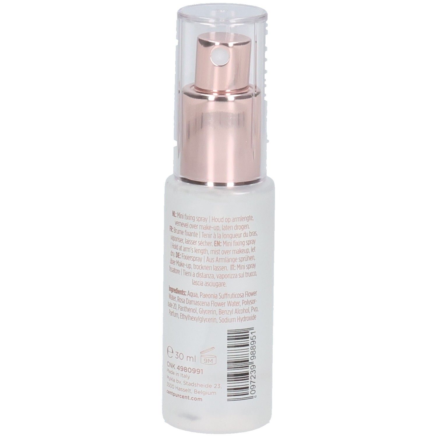 Kleine Sprühflasche, Rückseite mit Text. Aufschrift: CENT PER CENT, MINI LE FIXEUR. Inhaltsstoffe und Volumen: 30 ml.