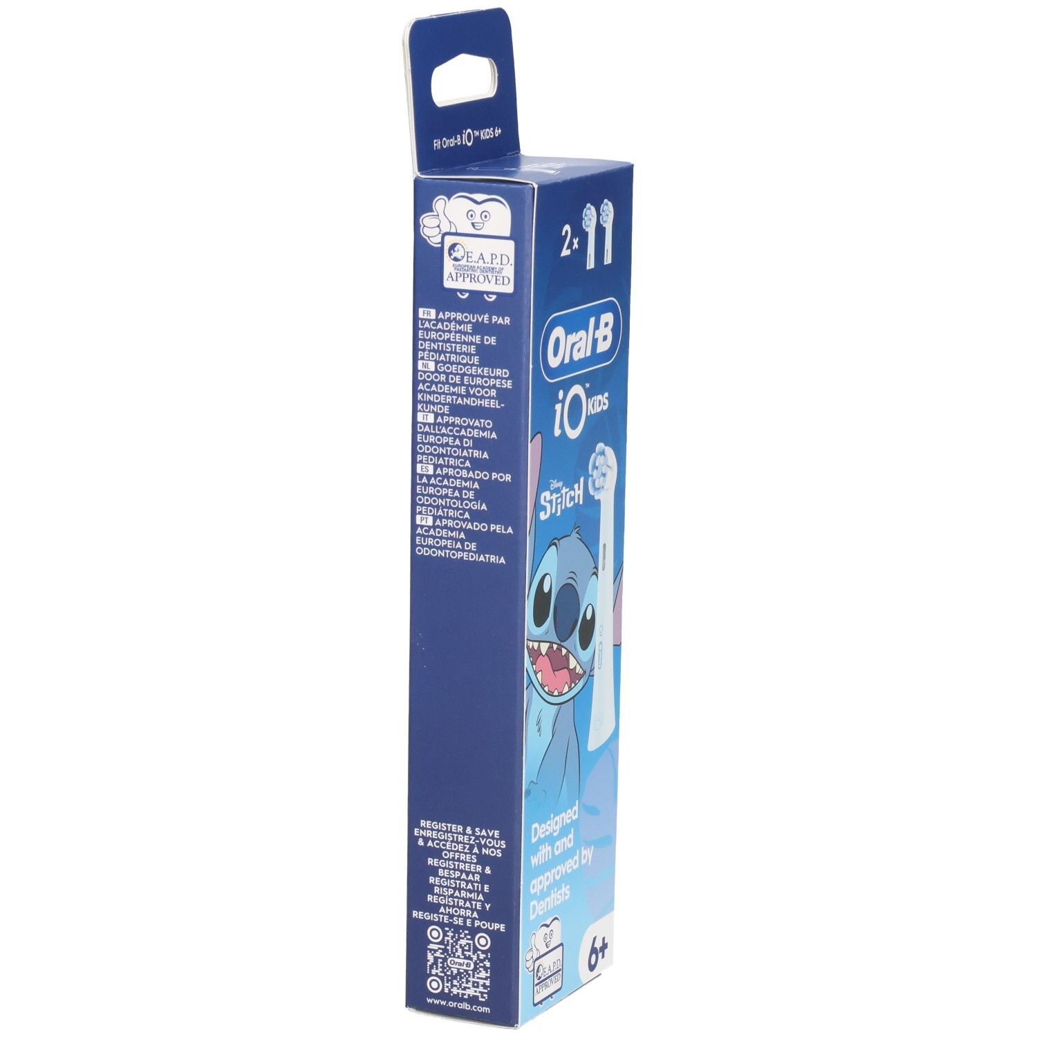 Verpackung mit Zahnbürstenaufsätzen für Kinder. Oral-B iO Kids, Disney Stitch. Alter 6+. Rückseite.