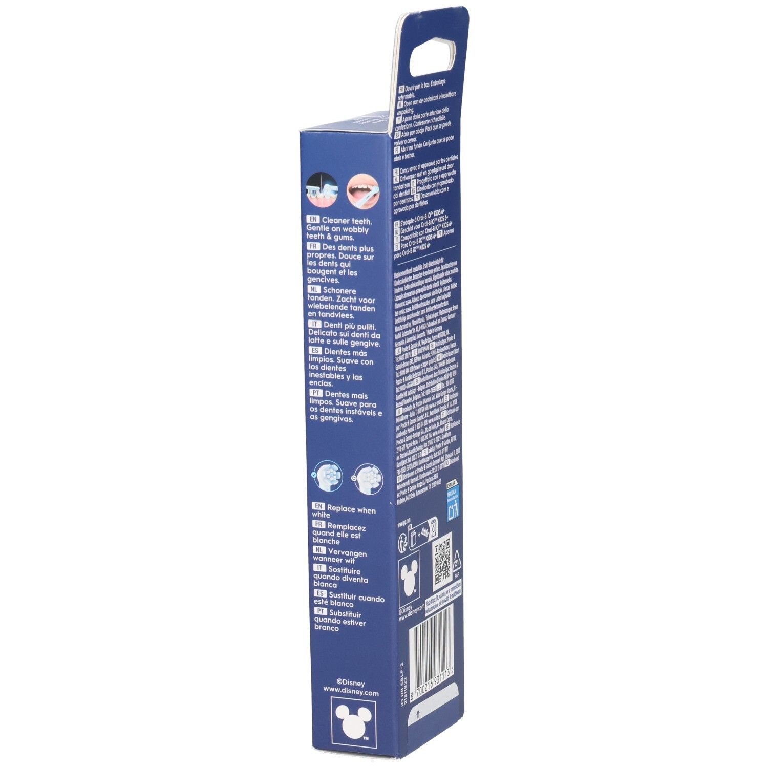 Verpackung mit Informationen. Oral-B iO Kids, Disney Stitch. Text und Logos. Seite.