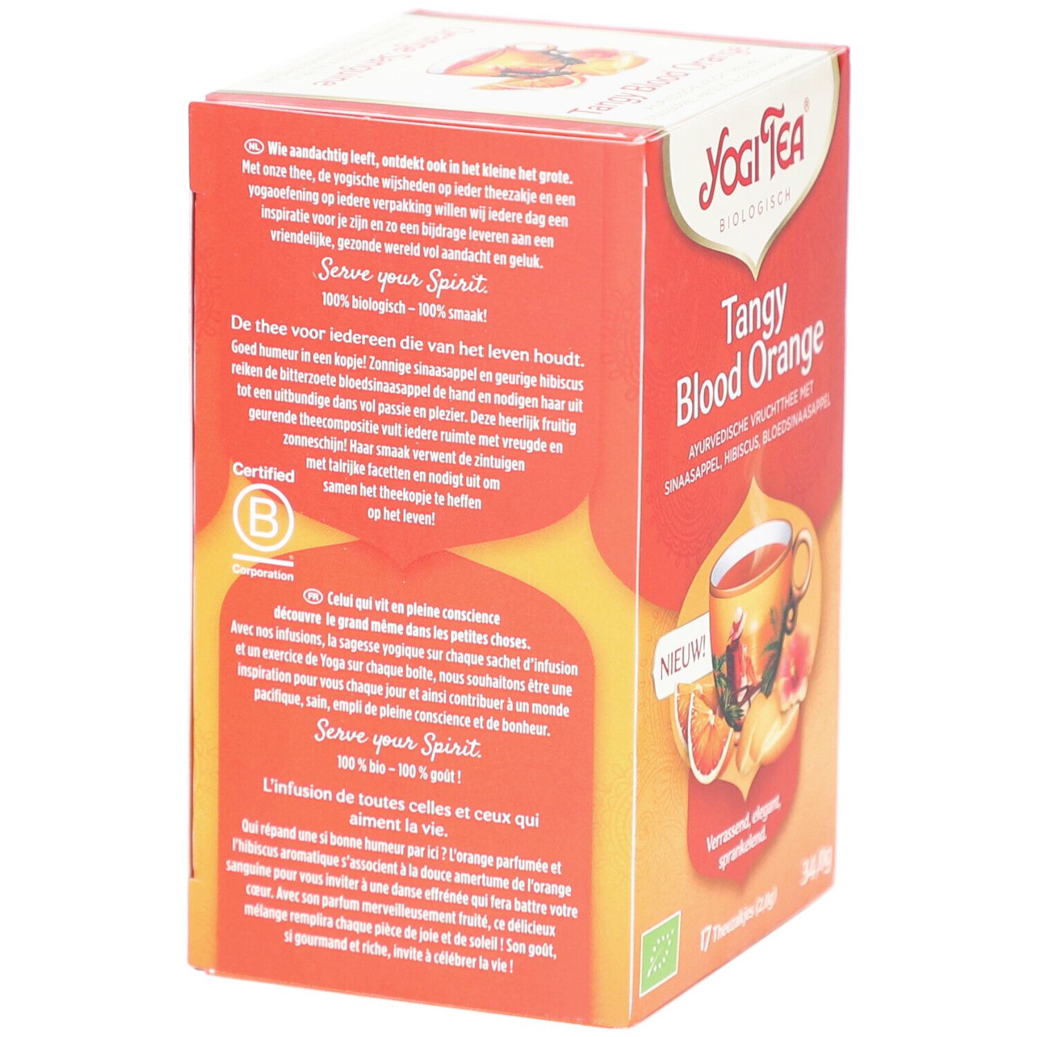 Rückseite der Yogi Tee Verpackung. Text in mehreren Sprachen. Bio-Siegel. Abbildung einer Person in Yoga-Pose.
