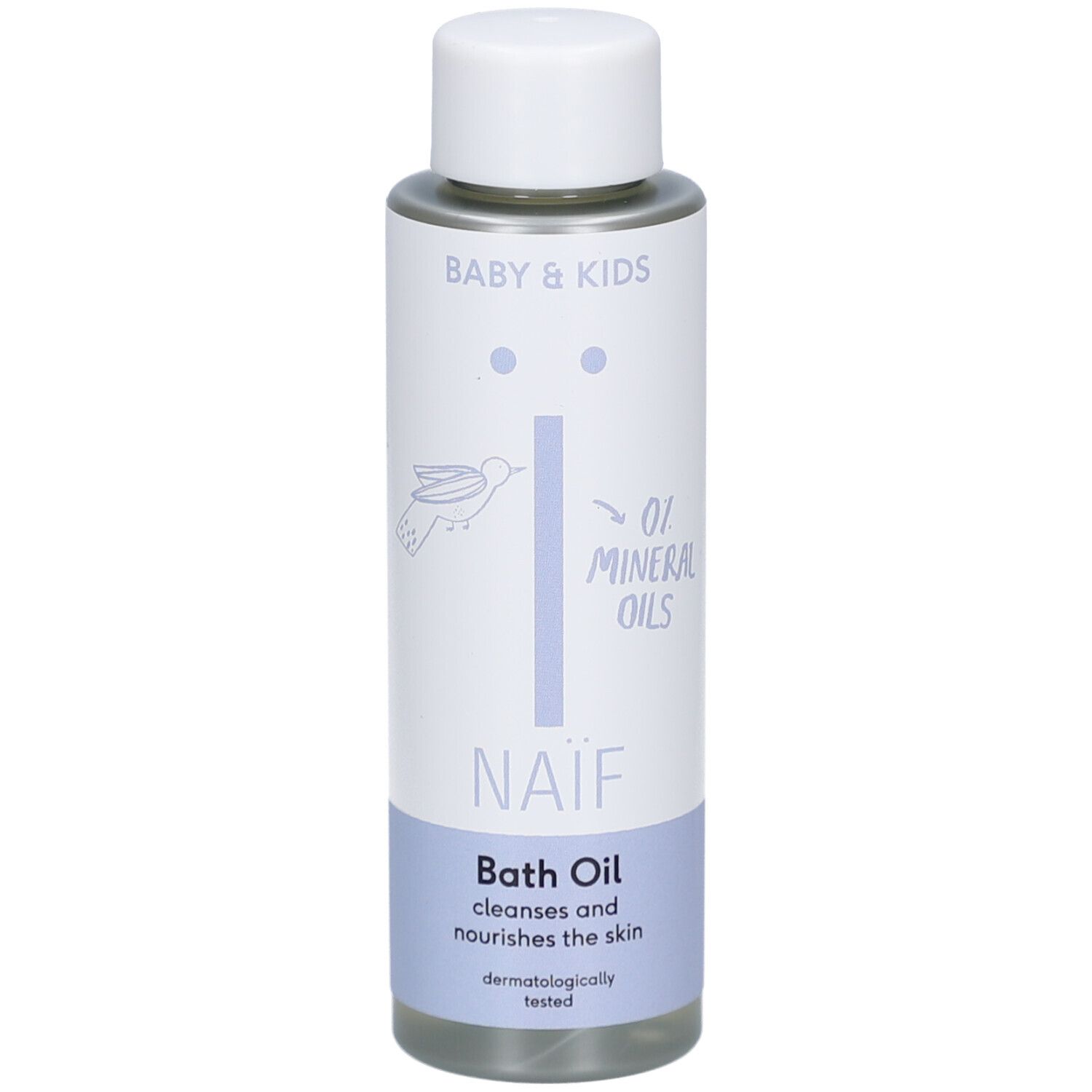 Naïf Badeöl-Flasche. Weißer Deckel, hellblaue Aufschrift. Enthält 0 % Mineralöle. Dermatologisch getestet.
