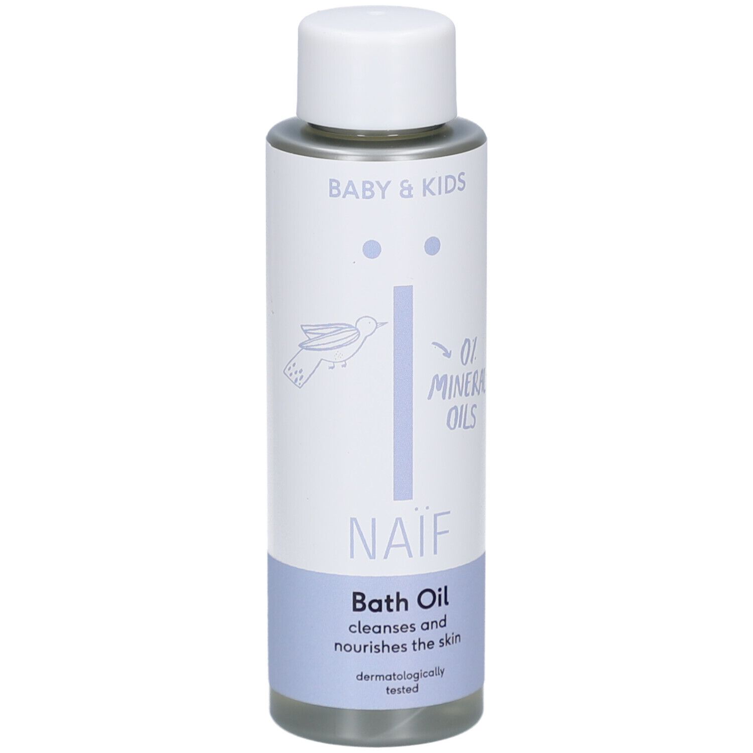 Naïf Badeöl-Flasche. Weißer Deckel, hellblaue Aufschrift. Enthält 0 % Mineralöle. Dermatologisch getestet.