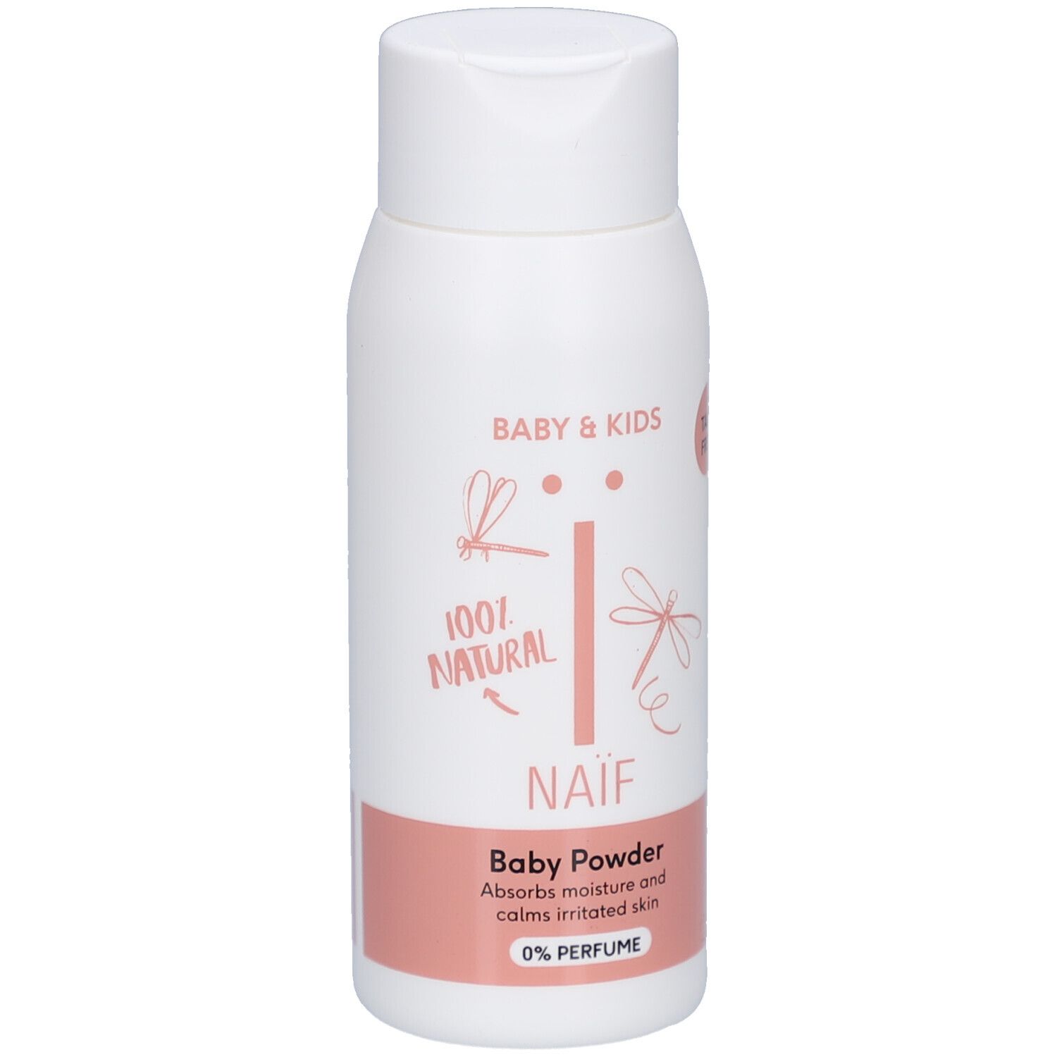 Naïf Baby & Kids Babypoeder. Weiße Flasche mit rosa Band. 100% natürlich, 0% Parfüm.