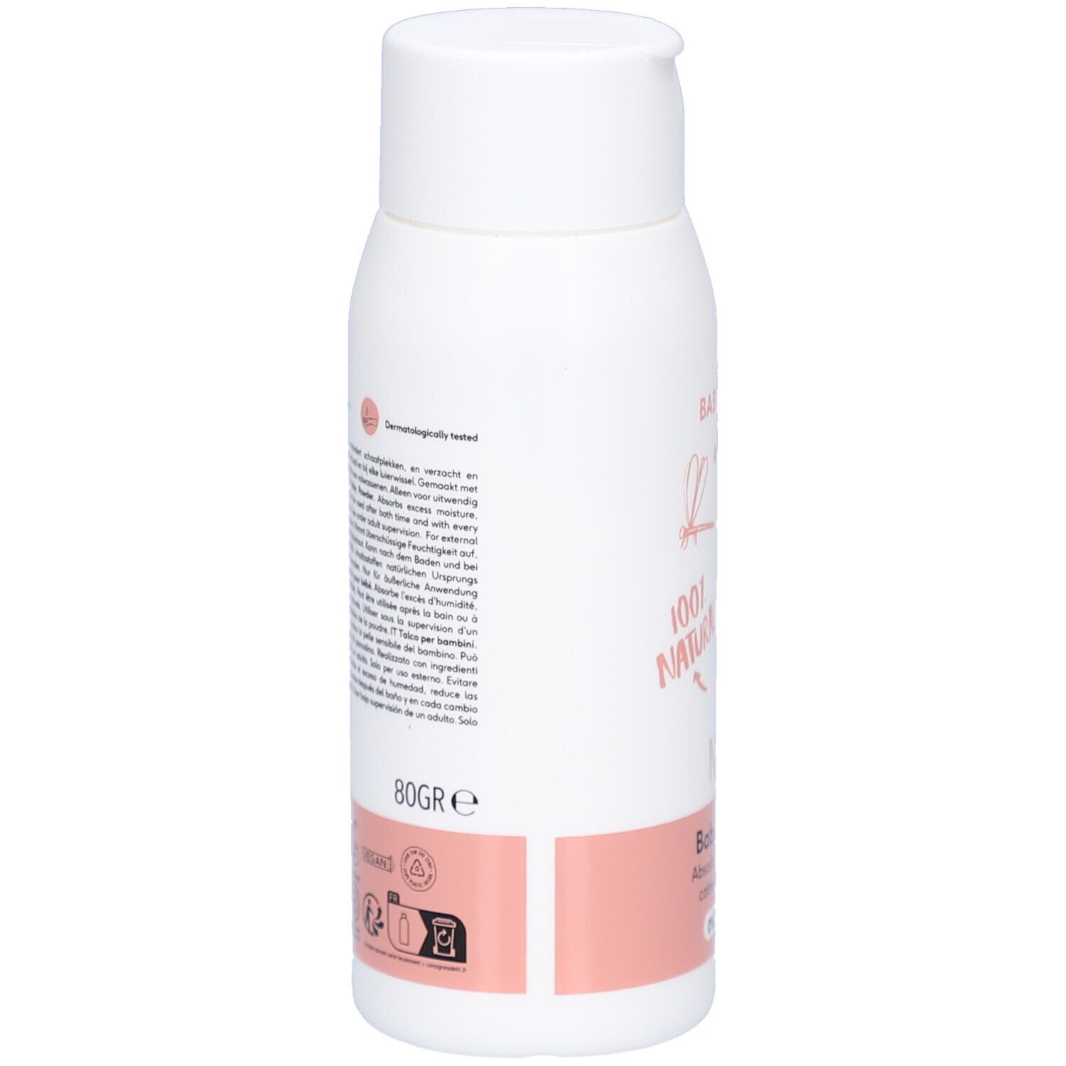 Naïf Baby & Kids Babypoeder. Weiße Flasche, Text. 80gr. Dermatologisch getest. Vegan.