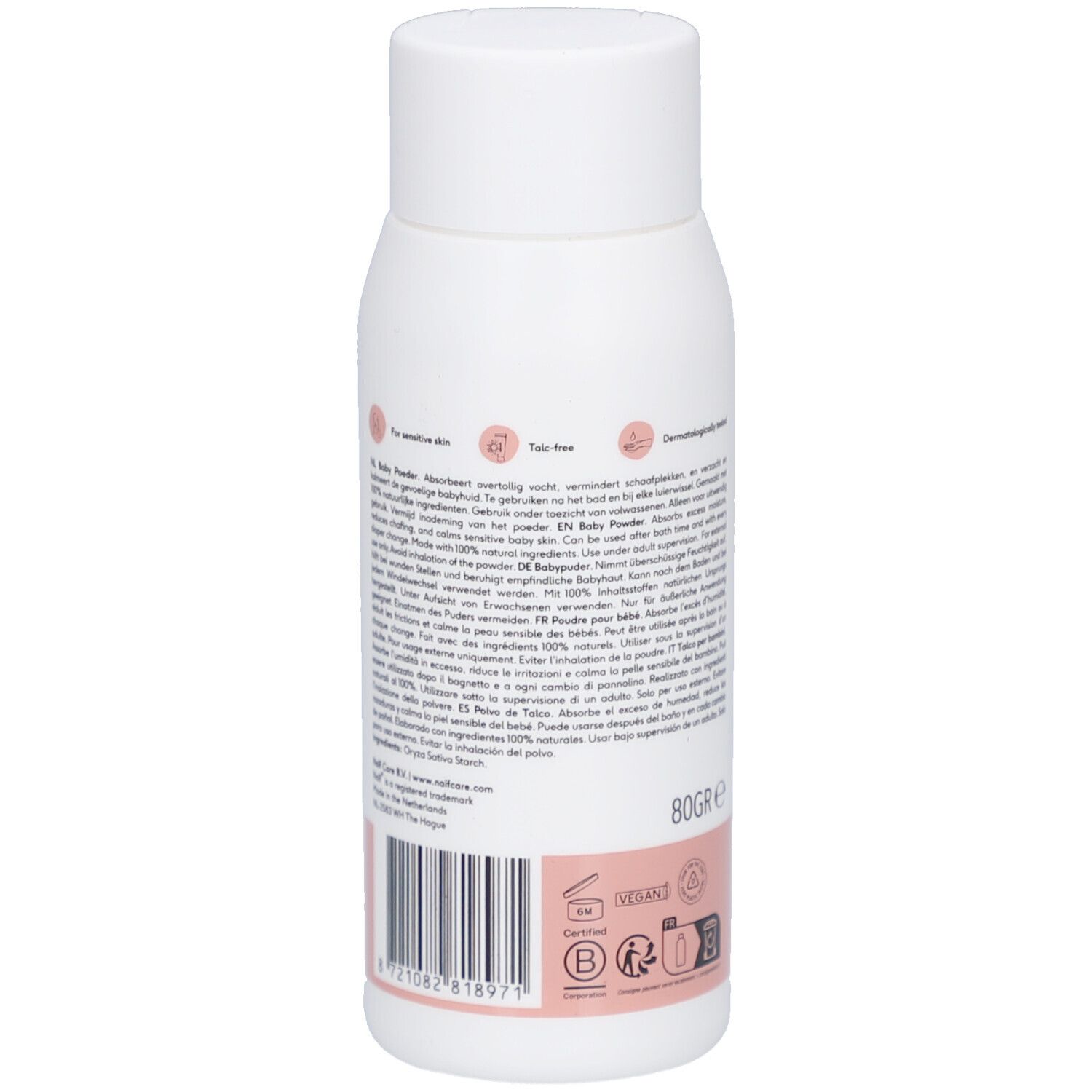 Naïf Baby & Kids Babypoeder. Weiße Flasche, Text. 80gr. Dermatologisch getest. Vegan.