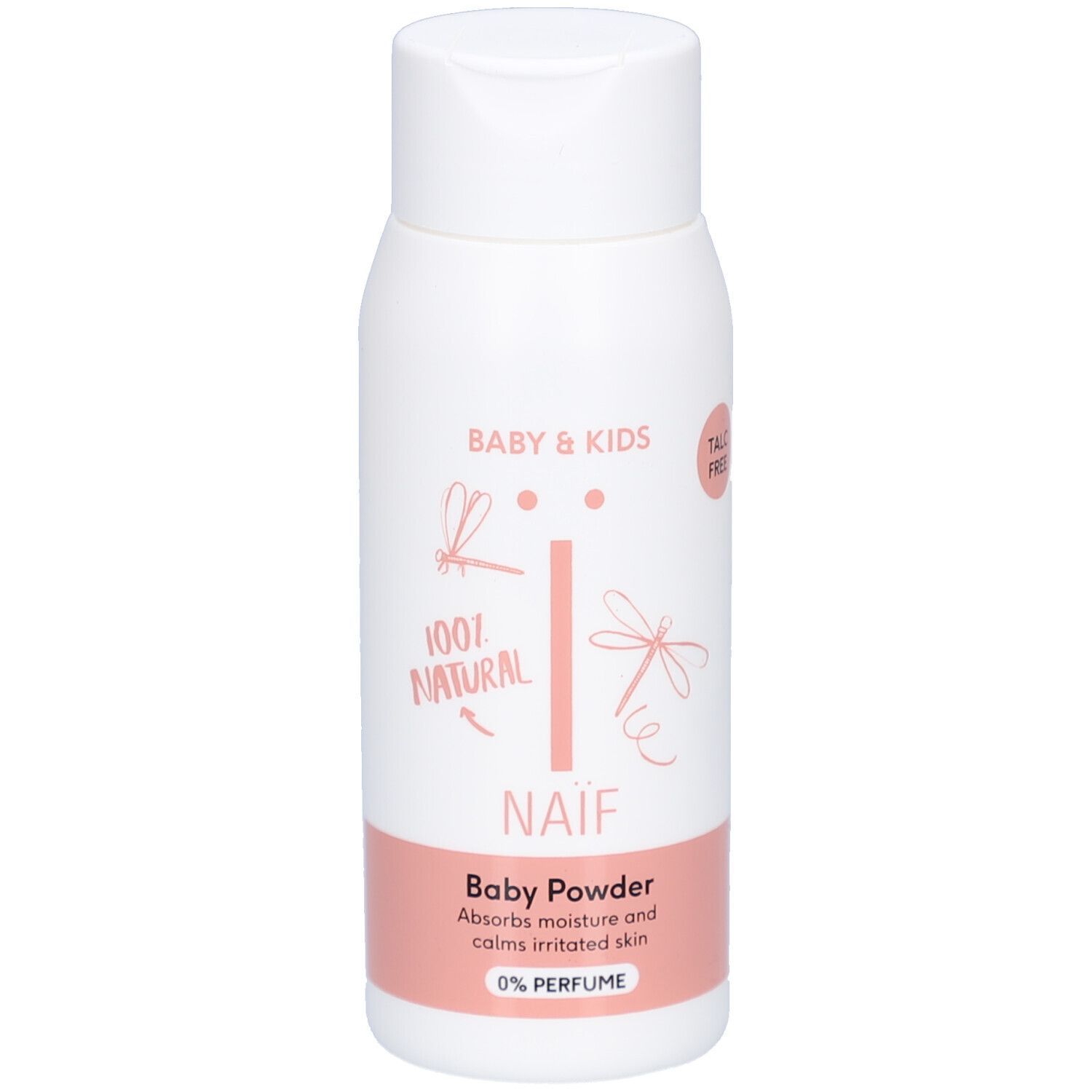 Naïf Baby & Kids Babypoeder. Weiße Flasche, rosa Band. Talc-frei. 0% Parfüm.
