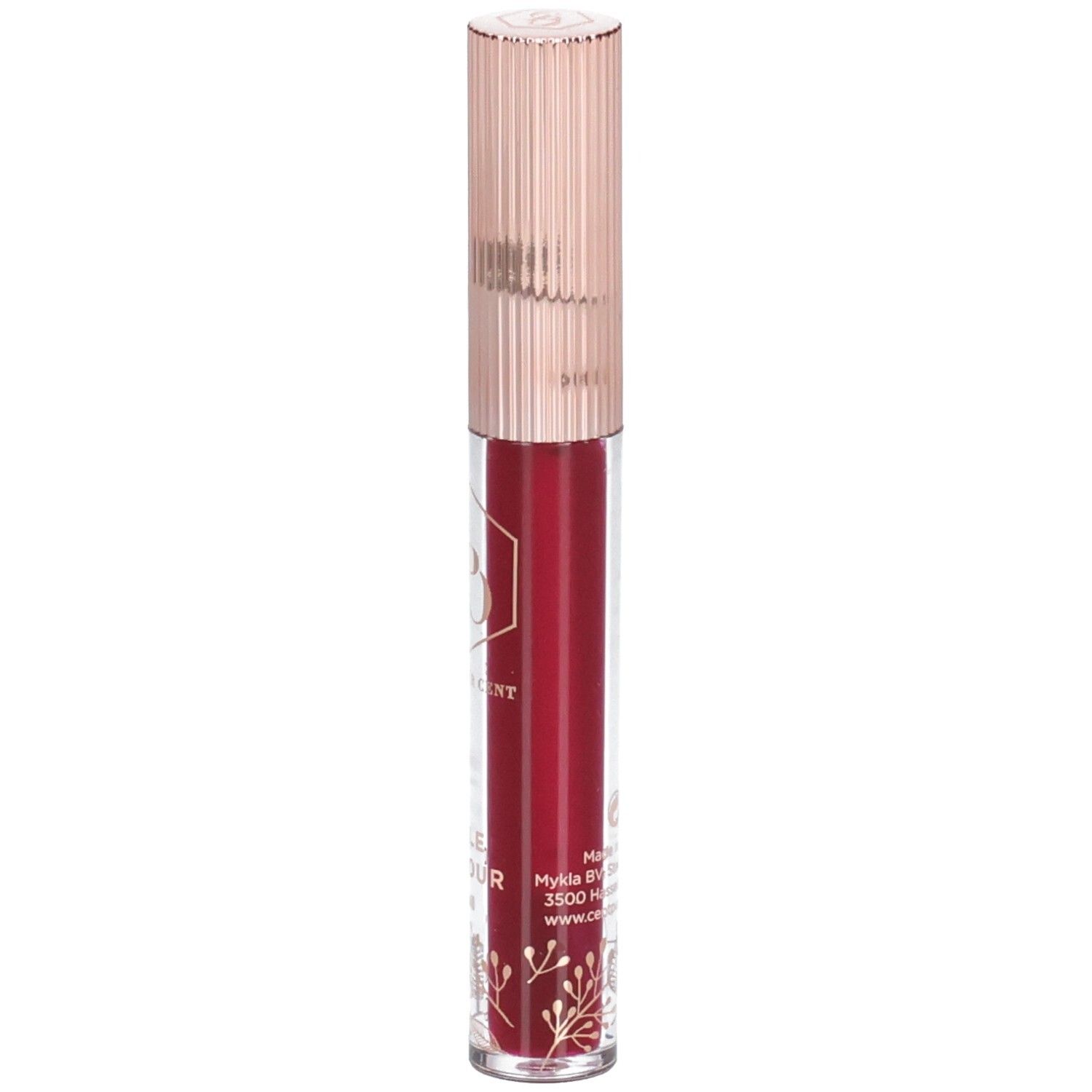 Lippenöl in einer transparenten Flasche mit roségoldfarbenem Deckel. Der Inhalt ist rot. Auf der Flasche sind goldene Verzierungen zu sehen.
