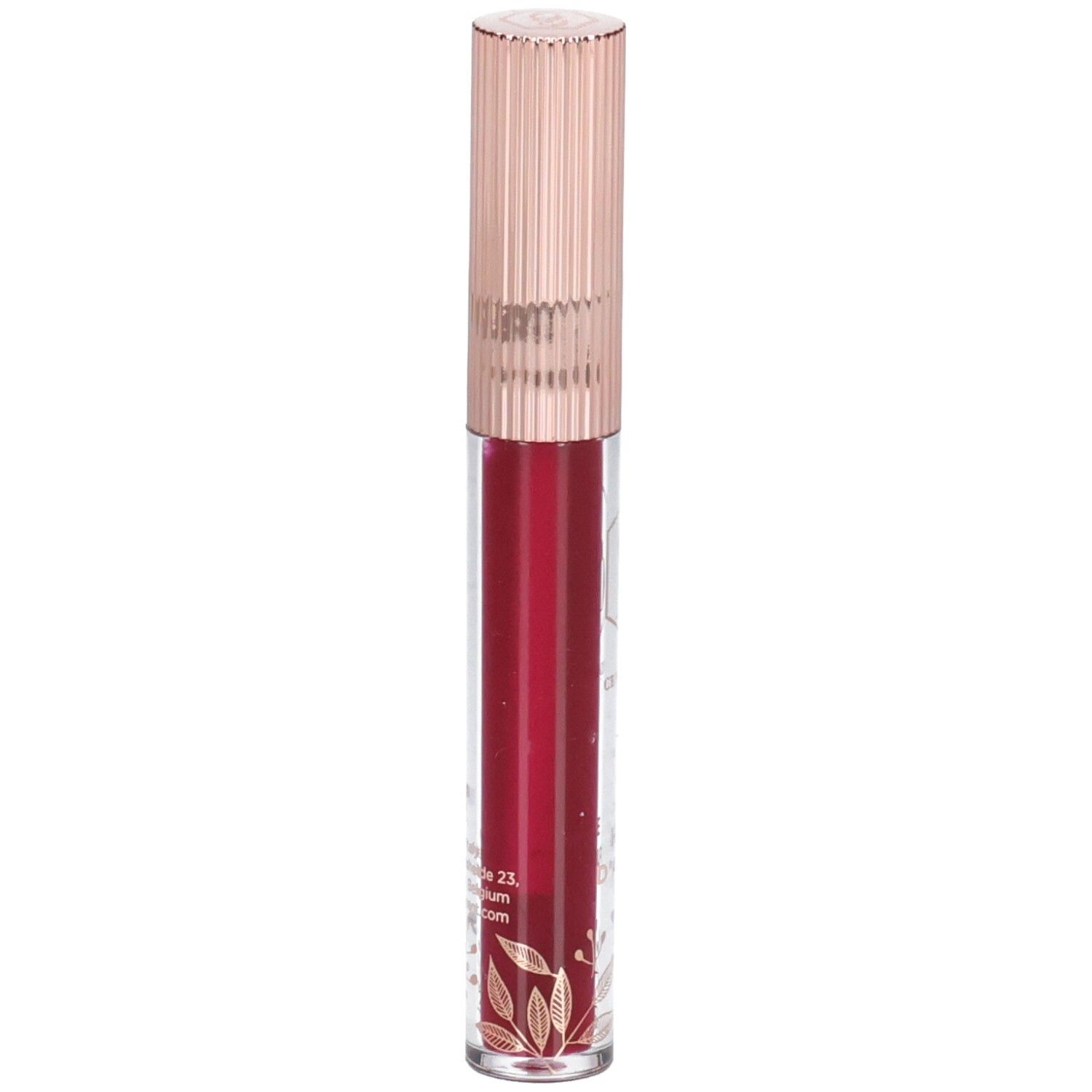 Lippenöl in einer transparenten Flasche mit roségoldfarbenem Deckel. Der Inhalt ist rot. Auf der Flasche sind goldene Verzierungen zu sehen.