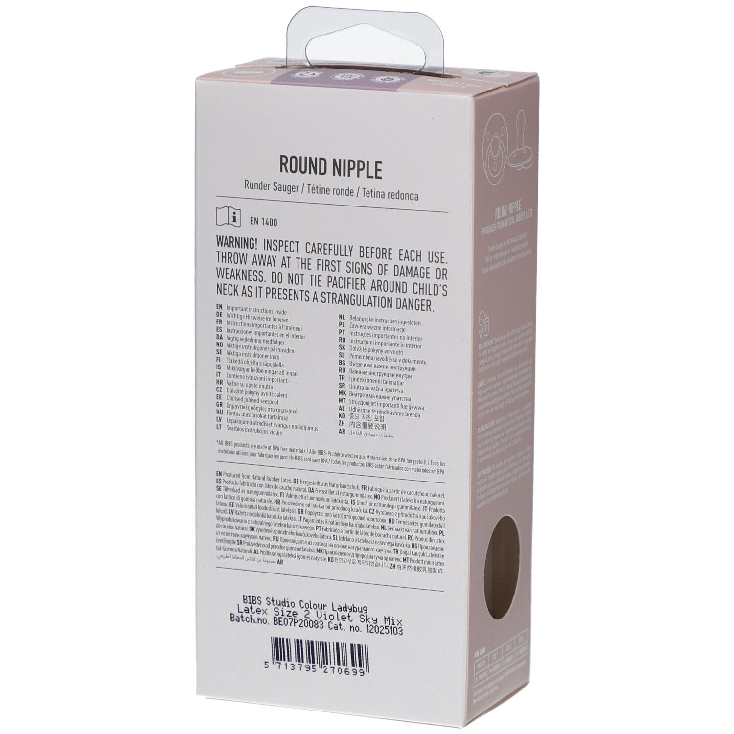 Rückseite der Verpackung mit zwei Schnullern. Text in mehreren Sprachen. BIBS-Marke. Naturgummi.