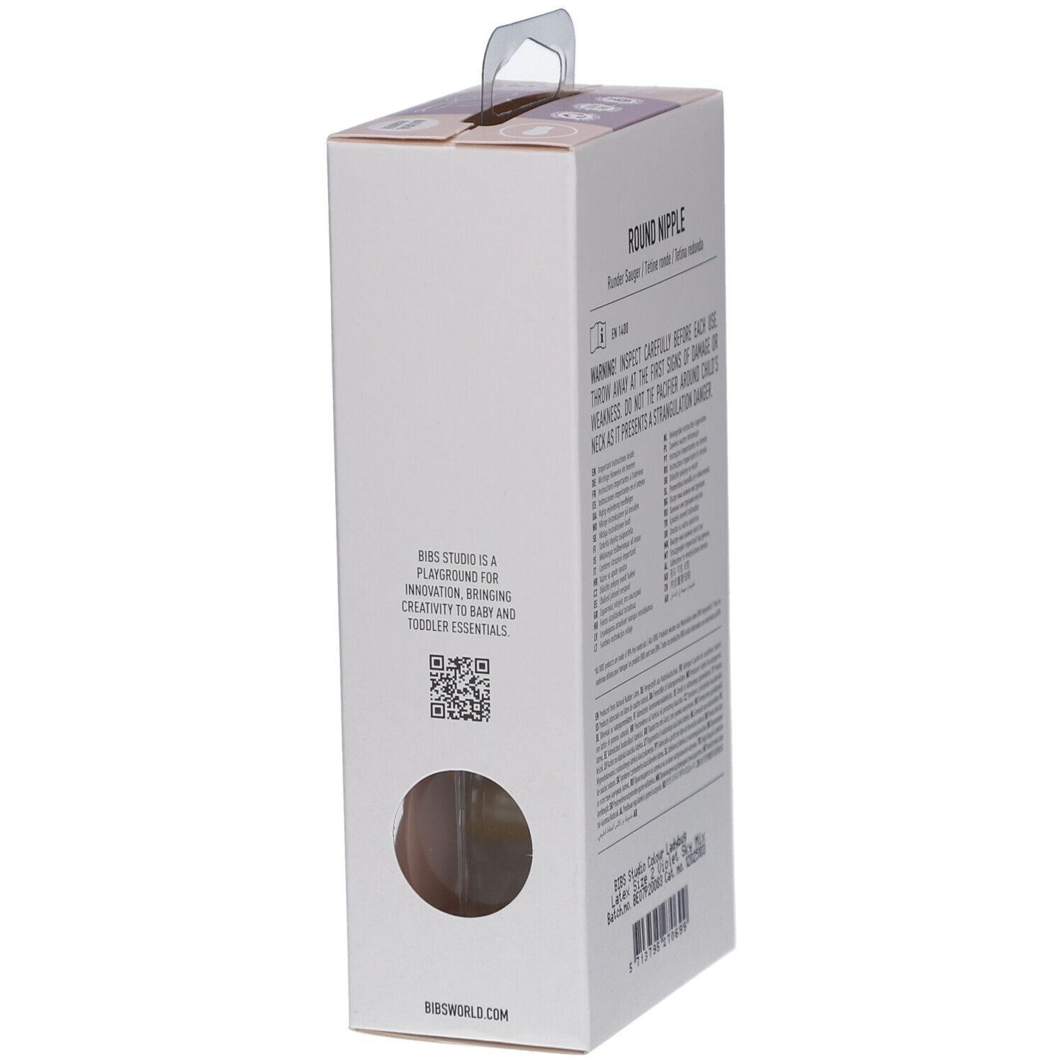 Seitenansicht der Verpackung mit zwei Schnullern. Text in mehreren Sprachen. BIBS-Marke. Naturgummi.