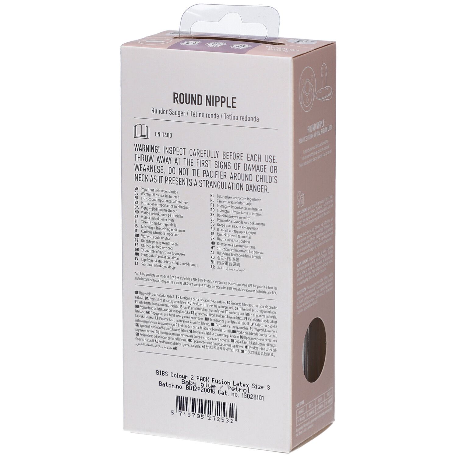 Rückseite der Verpackung mit Text. Marke BIBS. Text: "ROUND NIPPLE".