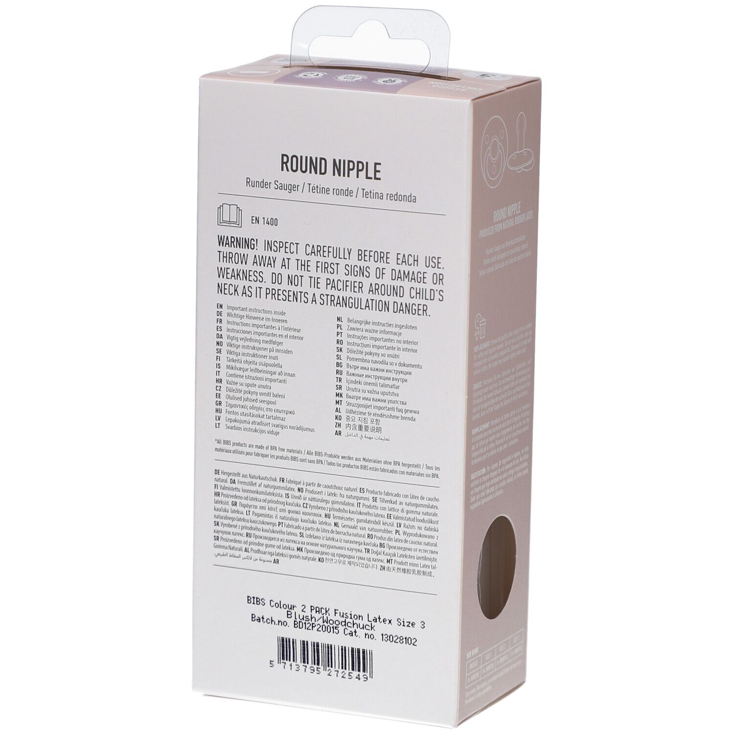 Rückseite der Verpackung. Text in mehreren Sprachen. Warnhinweise und Produktinformationen. Hergestellt in Dänemark.