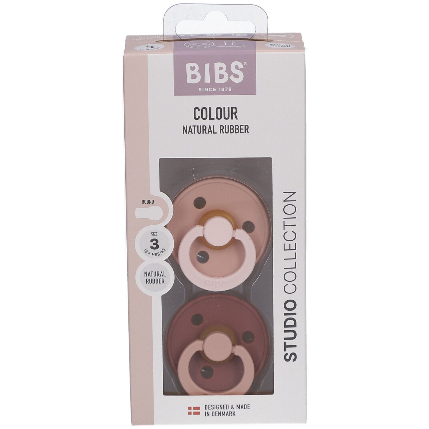 Verpackung mit zwei Schnullern. BIBS-Logo und Produktbezeichnung. Sichtfenster zeigt Schnuller in Rosa- und Brauntönen. Größe 3.