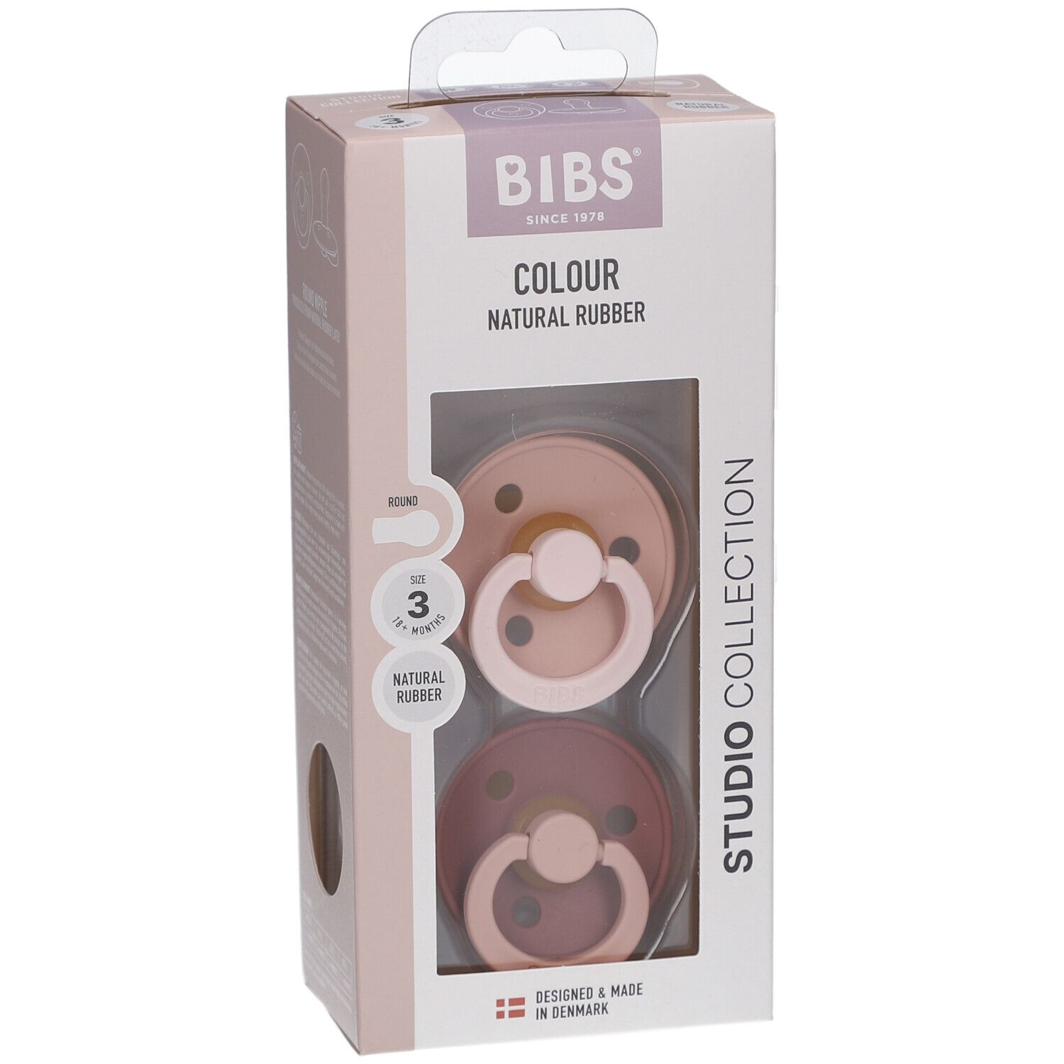 Verpackung mit zwei Schnullern. BIBS-Logo und Produktbezeichnung. Sichtfenster zeigt Schnuller in Rosa- und Brauntönen. Größe 3.