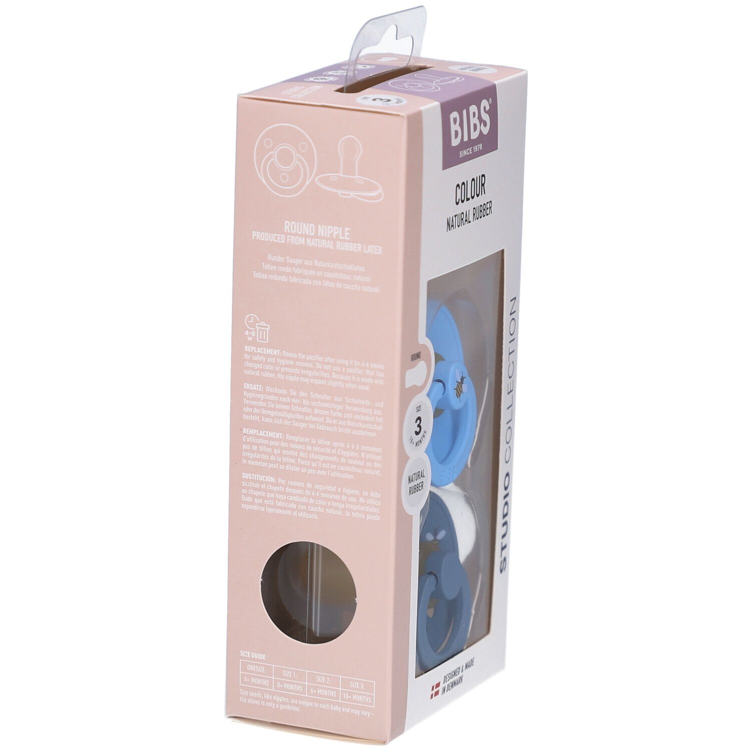 Verpackung mit zwei Schnullern. Blaue und dunkelblaue Schnuller mit Bienenmuster. Marke BIBS. Größe 3, 18+ Monate.