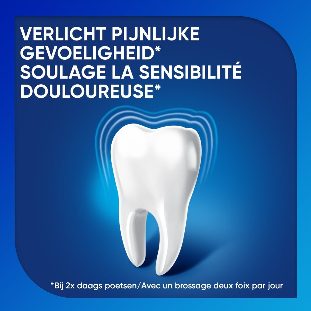 Graphique : dent avec lignes bleues. Texte : Soulage la sensibilité. Français et néerlandais.