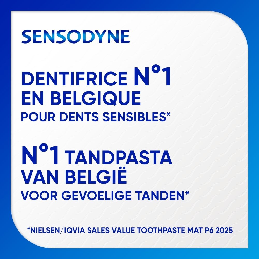 Tekst: Sensodyne. Tandpasta nr. 1 in België voor gevoelige tanden. Nederlands.