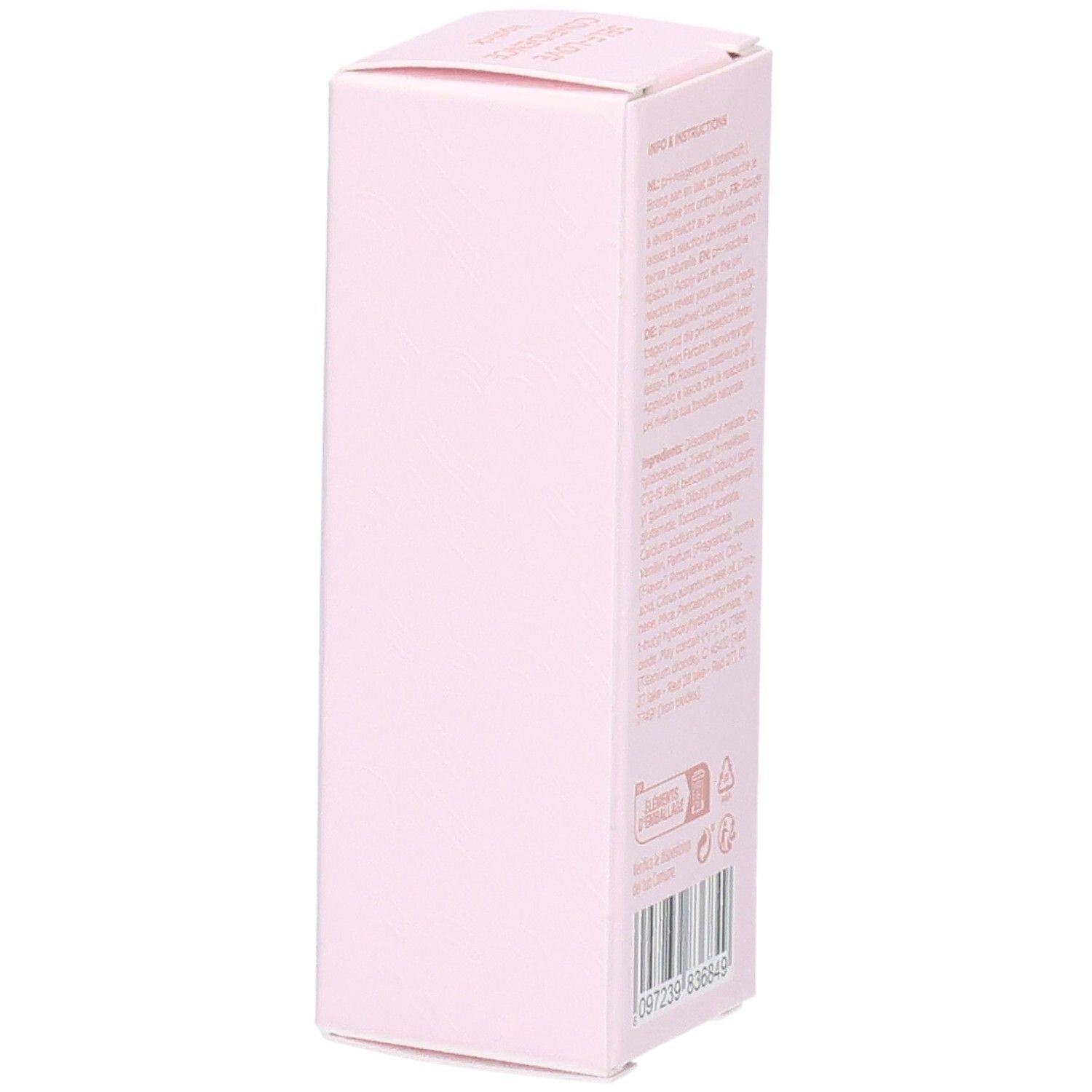 Rosa Verpackung. Text und Barcode. Logo "CP", "10 Years" und "CENT PUR CENT".