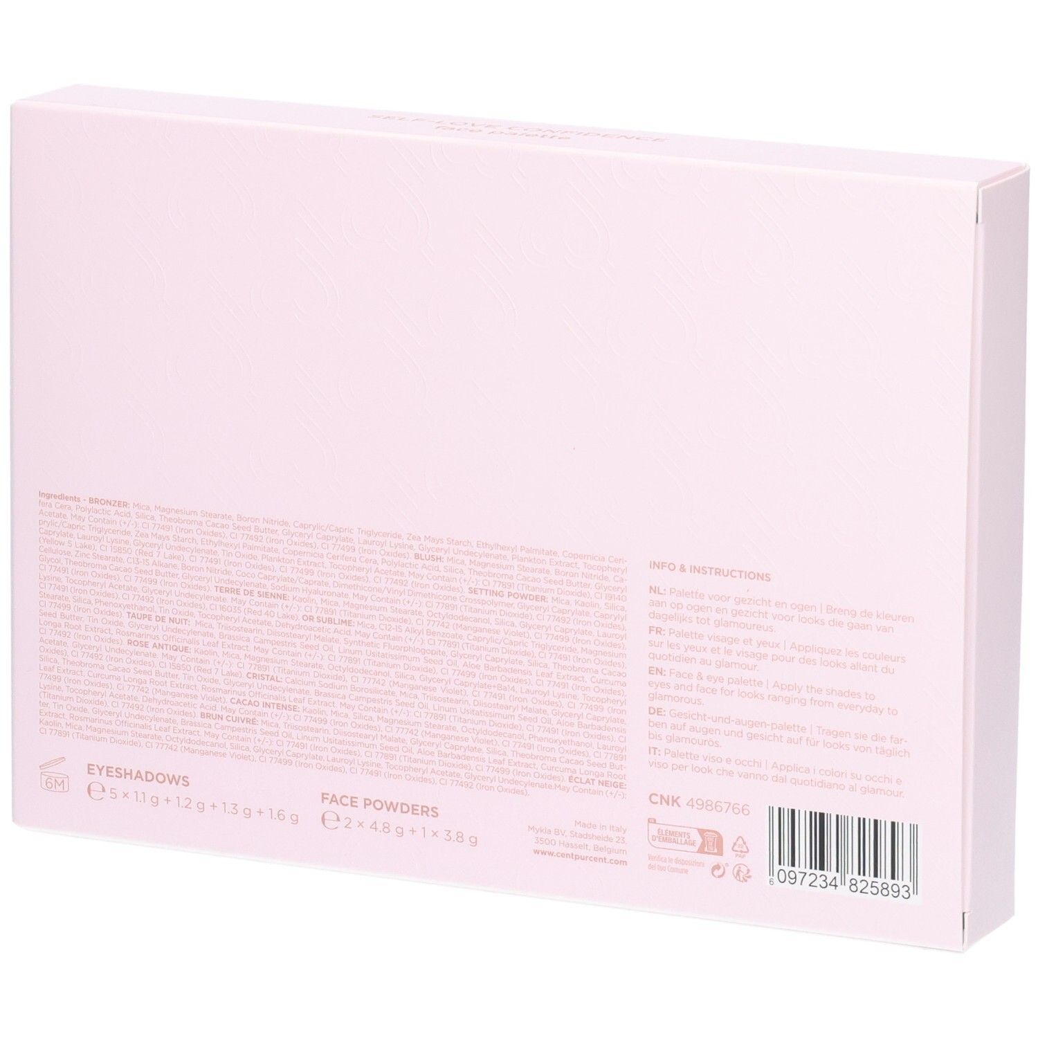 Rückseite einer rosa Verpackung mit Text. Enthält Informationen zu Inhaltsstoffen und Hersteller. Barcode.