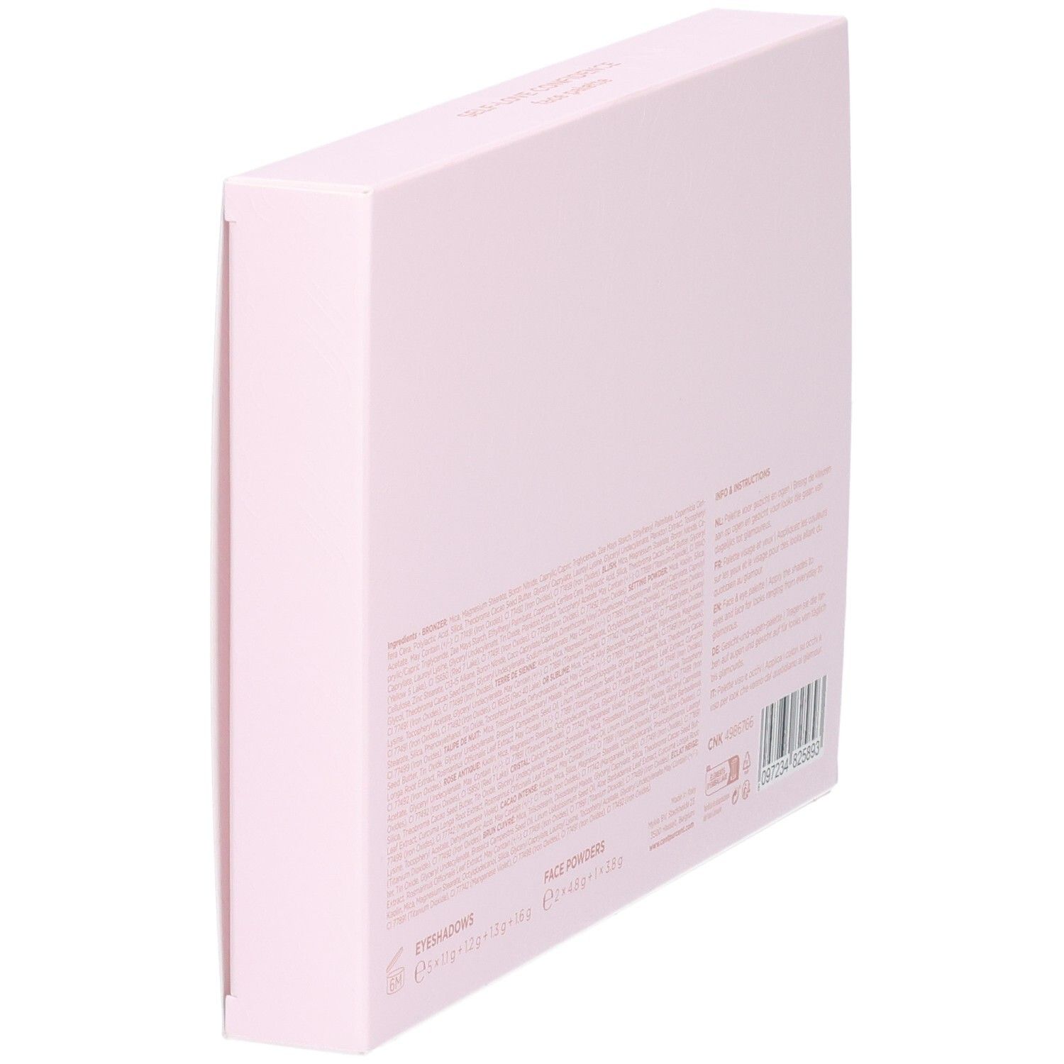 Schrägansicht der Rückseite einer rosa Verpackung. Text und Barcode sind sichtbar.