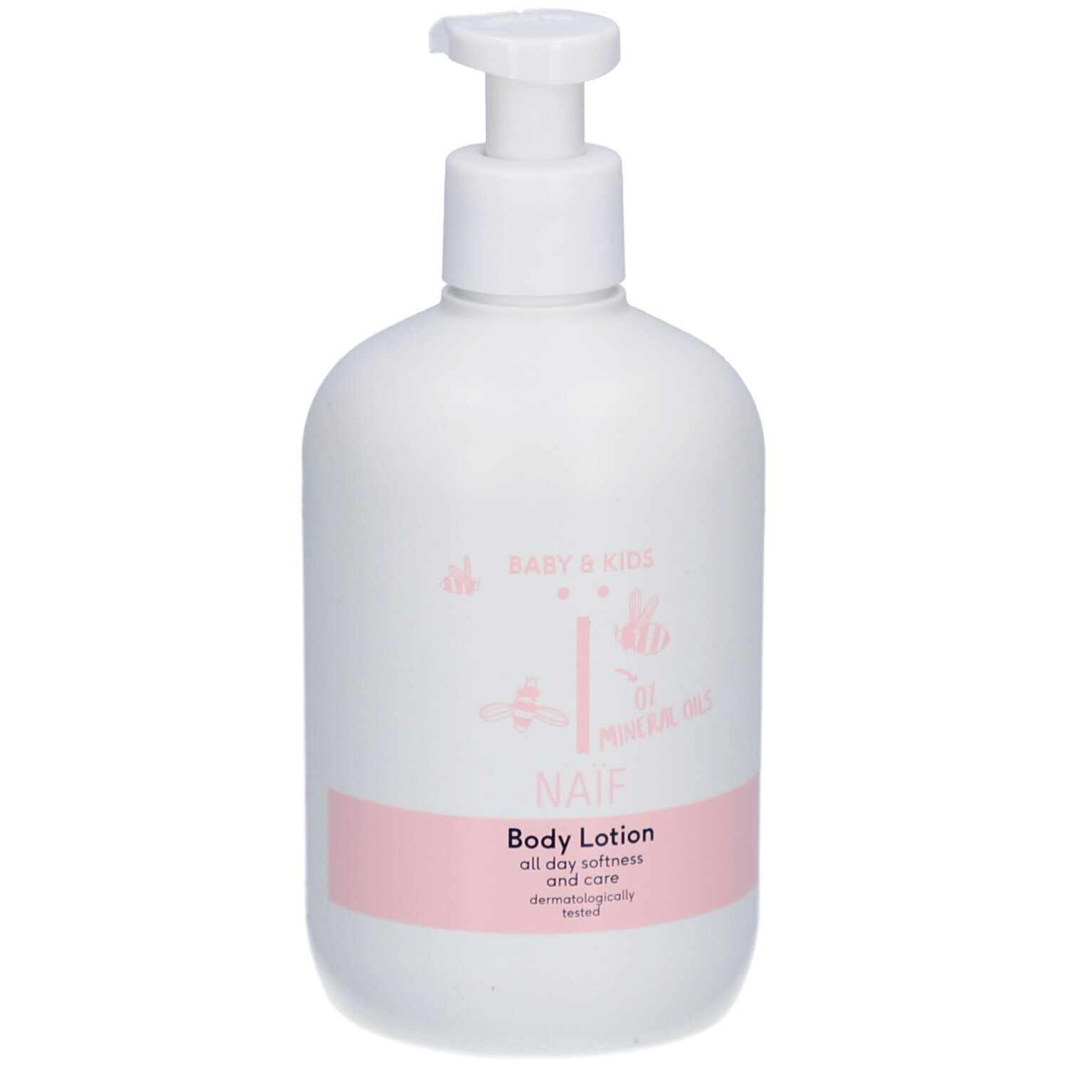 Weiße Flasche mit Spender. Aufschrift: Naïf Baby & Kids Body Lotion. Rosa Etikett.