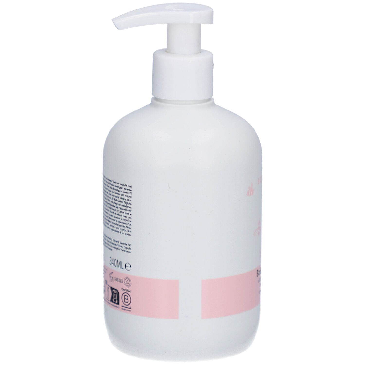 Rückseite der weißen Flasche mit Spender. Rosa Etikett mit Text und Logos.