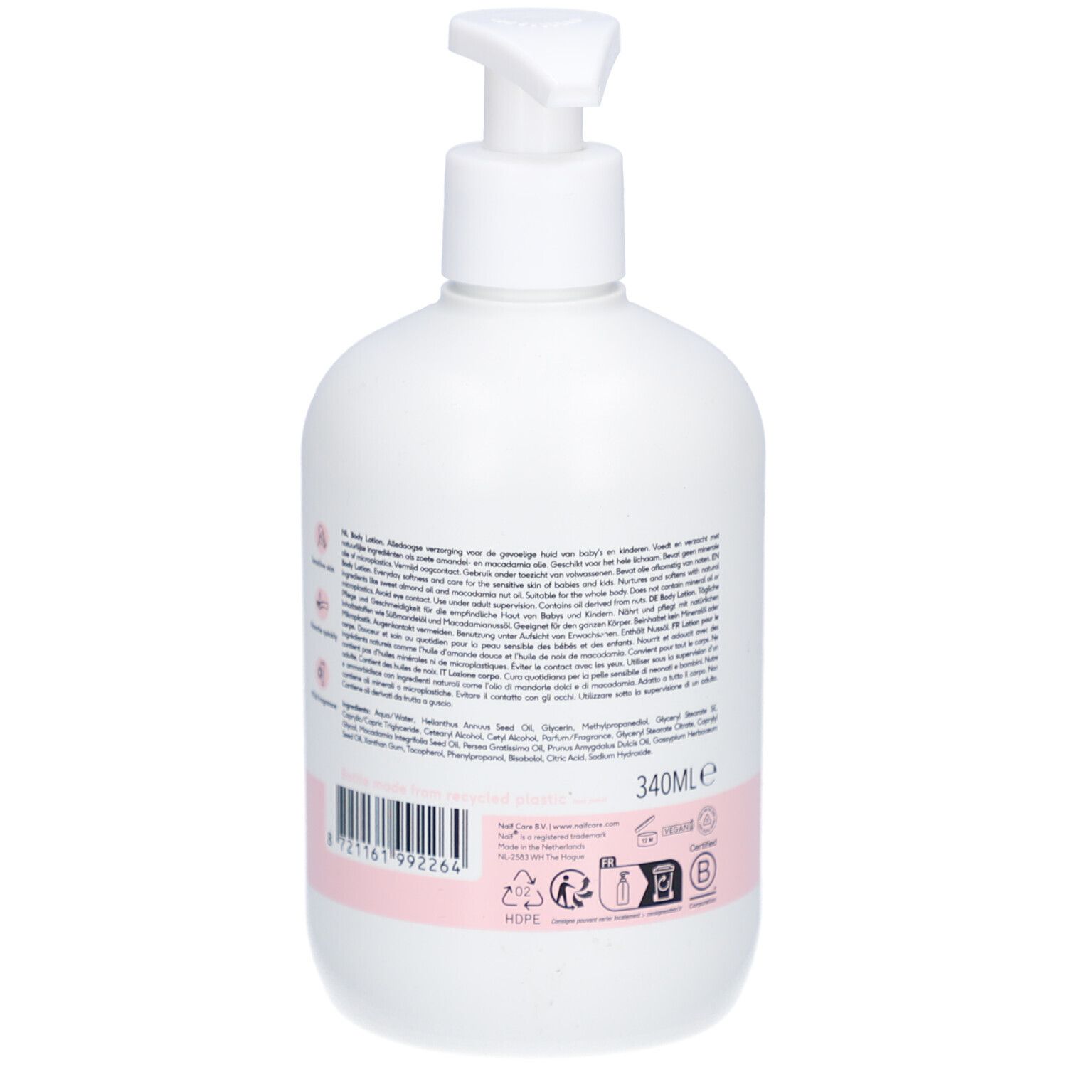 Rückseite der weißen Flasche mit Spender. Rosa Etikett mit Text und Logos.