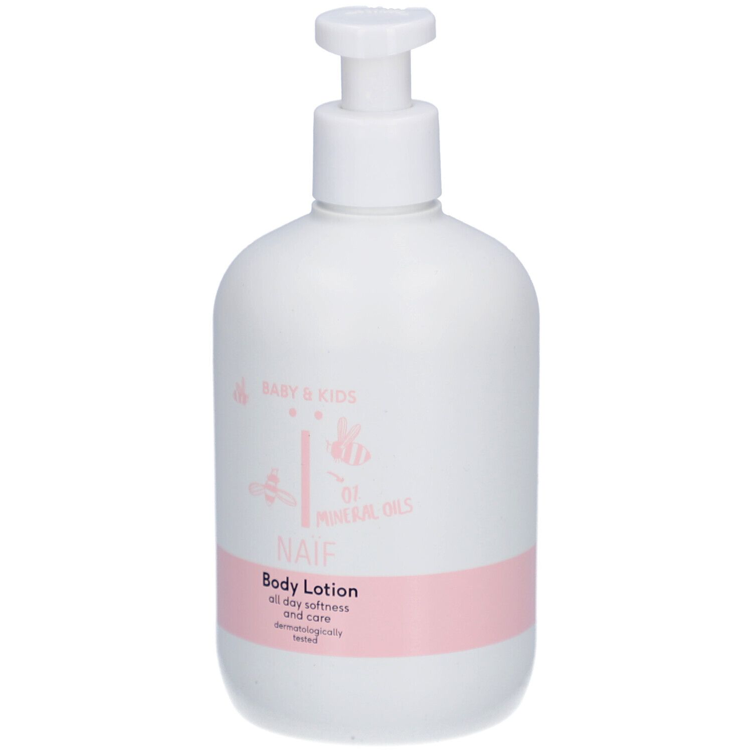 Weiße Flasche mit Spender. Aufschrift: Naïf Baby & Kids Body Lotion. Rosa Etikett.