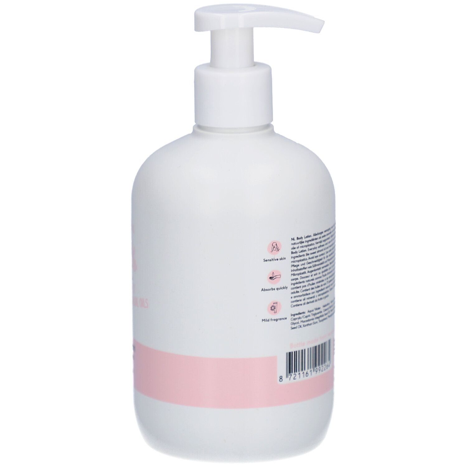 Rückseite der weißen Flasche mit Spender. Rosa Etikett mit Text und Logos.